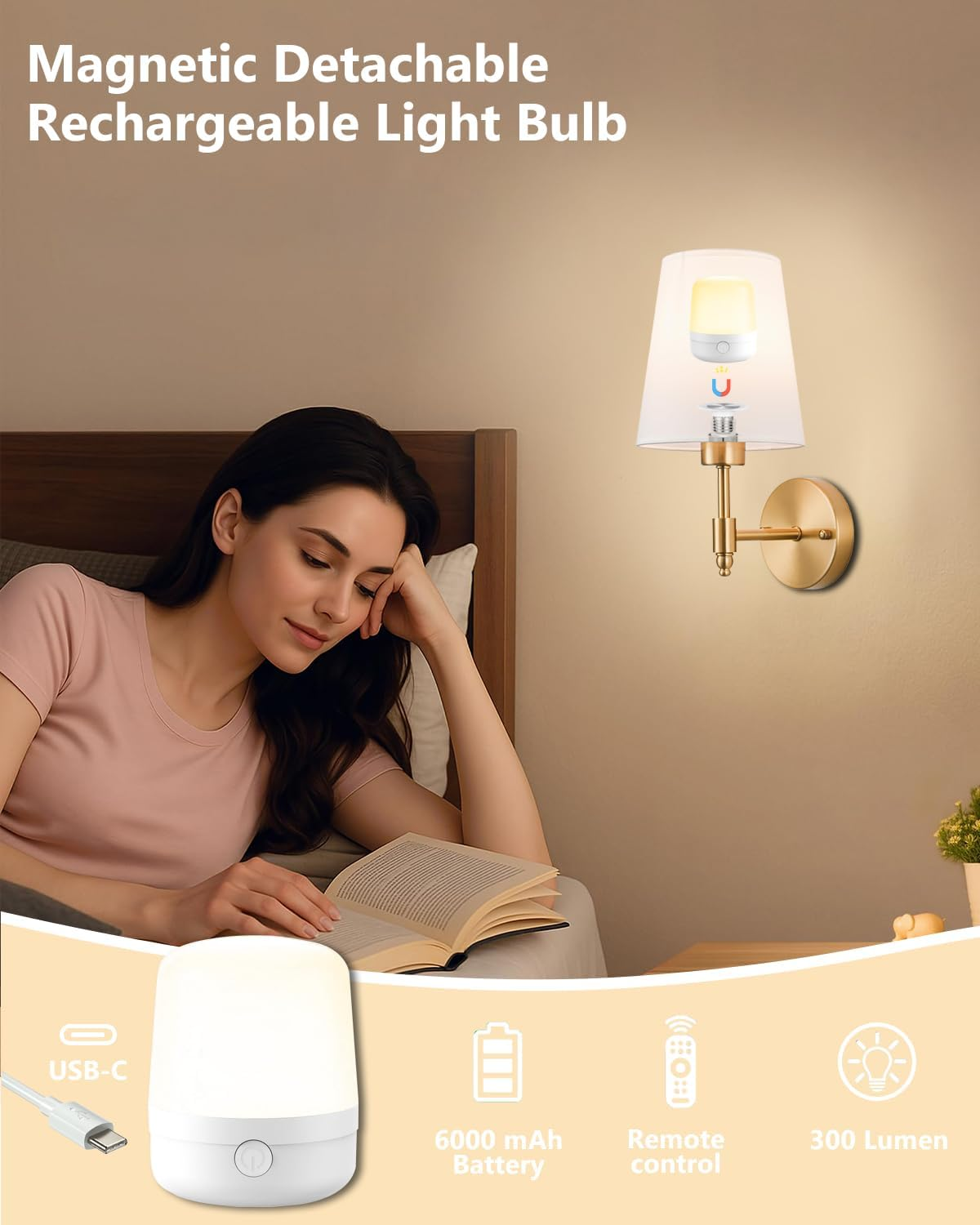 Battery Operated Wall Sconces Set of 2, Rechargeable Wall Lights with 6000Mah Dimmable RGB Bulbs and Remote, 13 Colors Wireless Wall Lamps for Bedroom Living Room Hallway, Gold image number 5