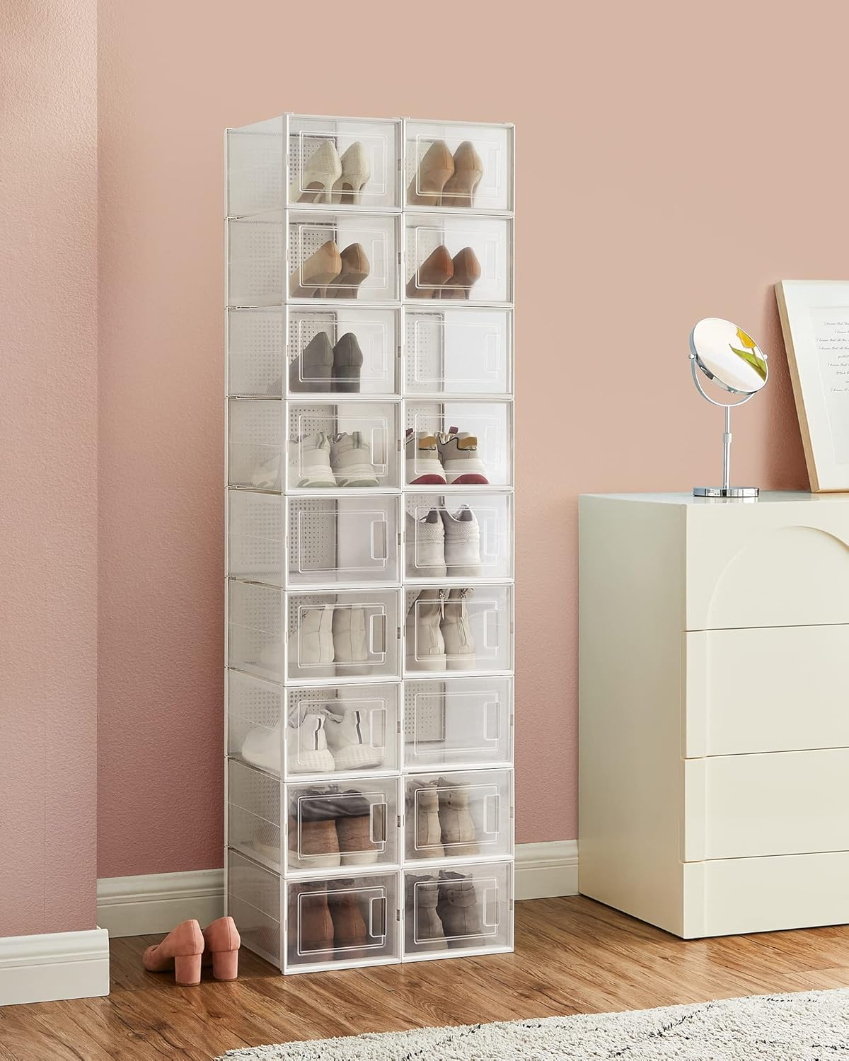 SONGMICS Shoe Boxes, Pack of 18 Stackable Shoe Storage Organizers, Fit up to US Size 9.5 ULSP18MWT