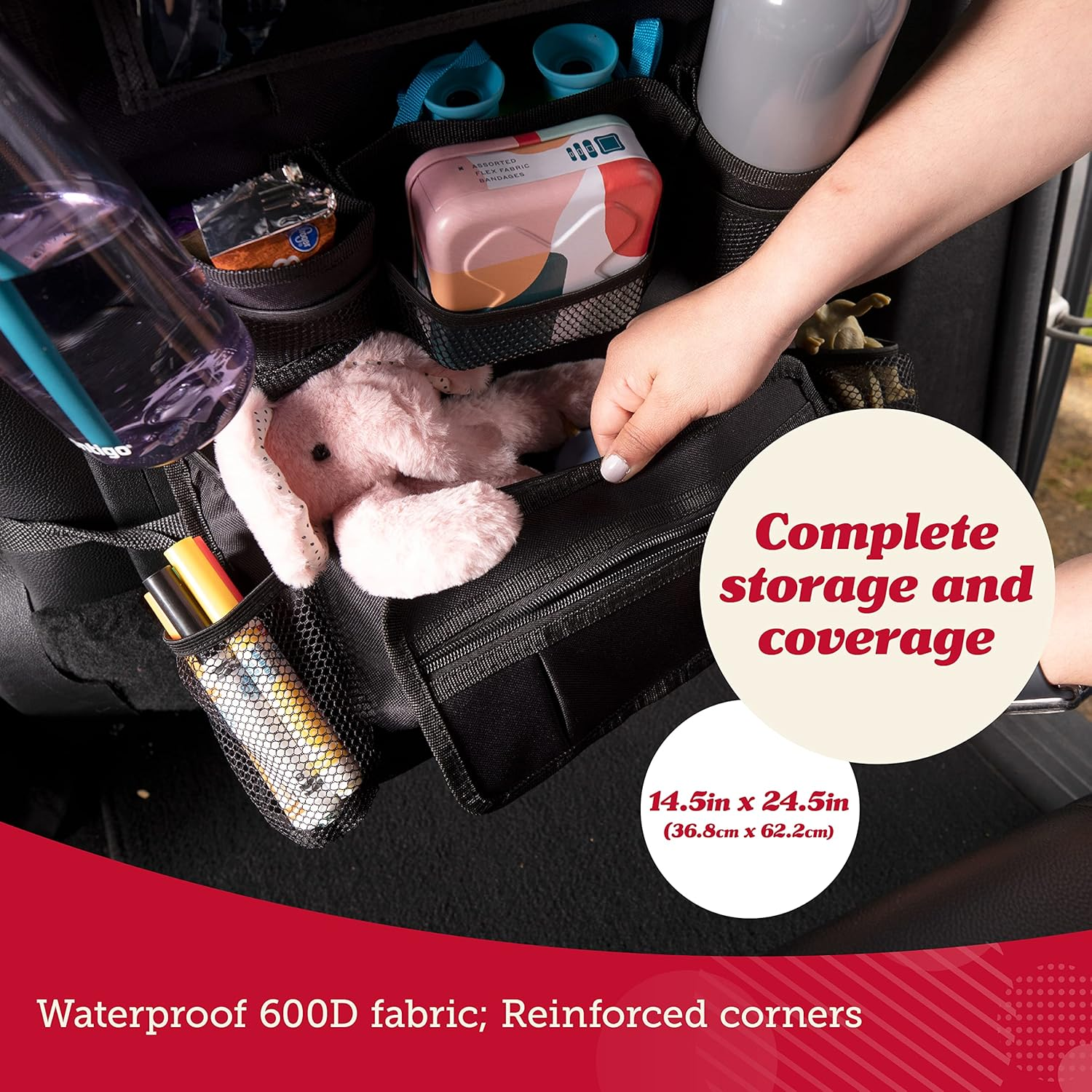 Lusso Gear Heavy Duty Back Seat Car Organizer Extra Large for Protection, Sag Proof & Reinforced Corners, Protects Ipad & Backseat, 12 Versatile Car Seat Organizer Storage Compartments (Black) - Black With Red Stitching image number 6