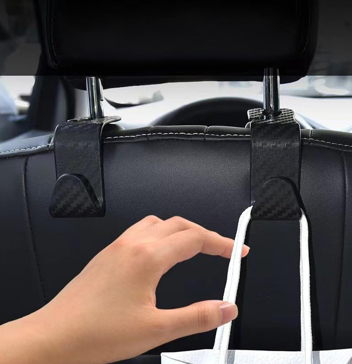 Heatunk 4-Pack Carbon Fiber Back Seat Headrest Hooks - Stylish Car Hangers for Handbags, Clothes, Grocery Bags - Sleek Black Design