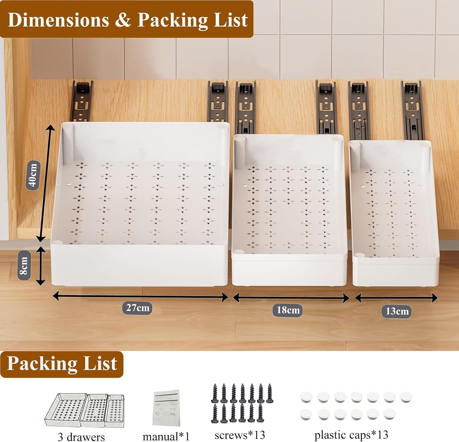 GMYMTM 3 Pack Pull Out Cabinet Organiser, 3 Sizes Slide Out Drawers for Cabinets 15.7" Deep for Kitchen Cabinets, Bathroom Cabinet Organiser, Pantry, White image number 6