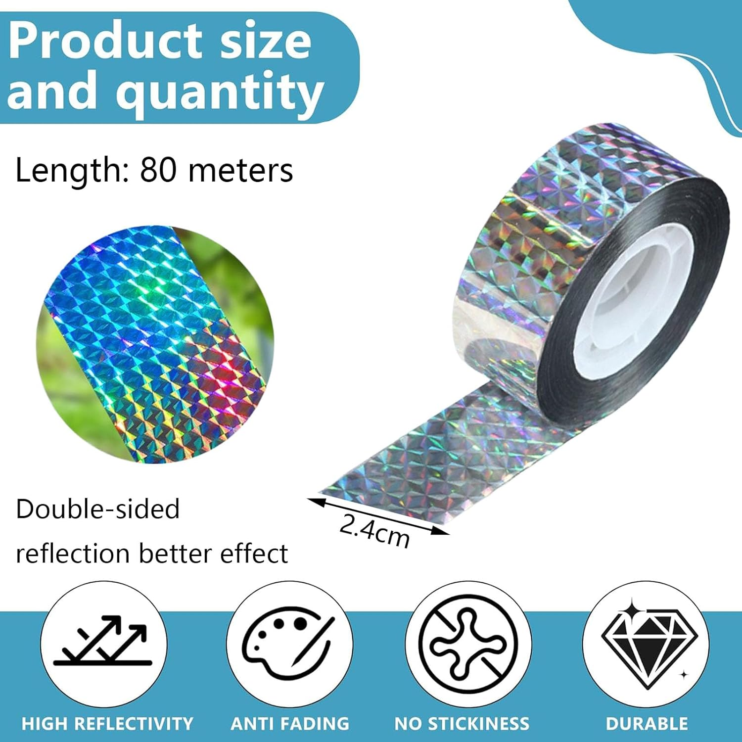 3 Rolls of Bird Scare Reflective Tape, Flashing Double-Sided Bird Scare Device, Used to Drive Away Birds, Hanging or Tied for Houses, Gardens, Yards, Orchards, Terraces image number 4
