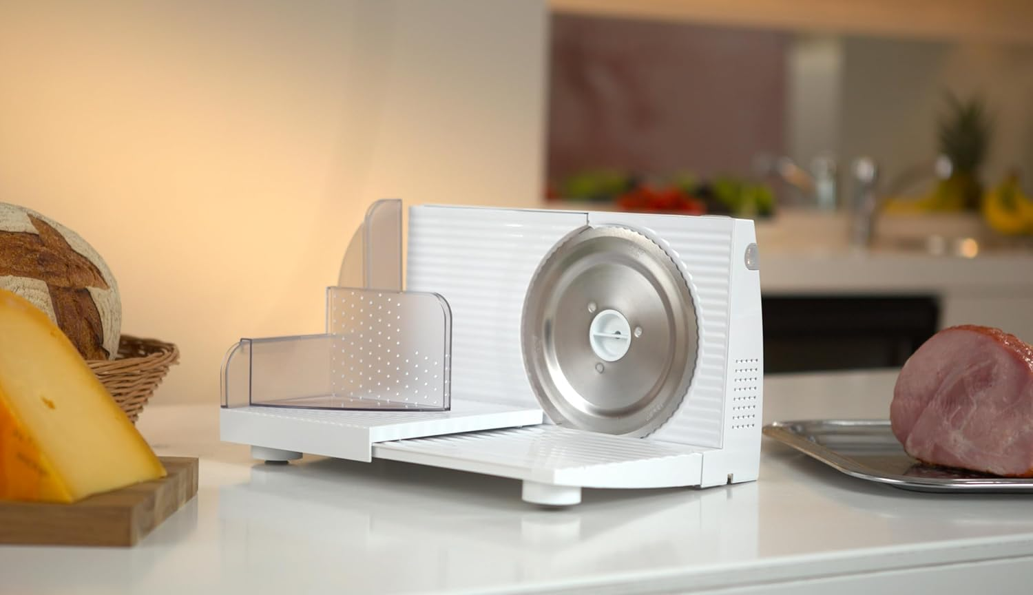 Emerio MS-125000 All-Purpose Slicer, Stainless Steel Knife Unit Made in Germany, Adjustable 0-17 Mm, Bpa-Free, Space-Saving, Foldable, with Safety Switch, Eco 100 Watt, White image number 1