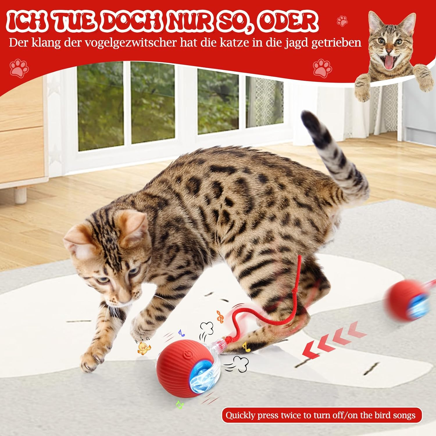 Interactive Cat Toys for Indoor Cats - Interactive Puppy Toys Ball with Tail,Realistic Bird Chirping,Smart Obstacle Avoidance and Auto Restart,Cat Puzzle Toys for Bored Indoor Adult Cats&Dog (Red)