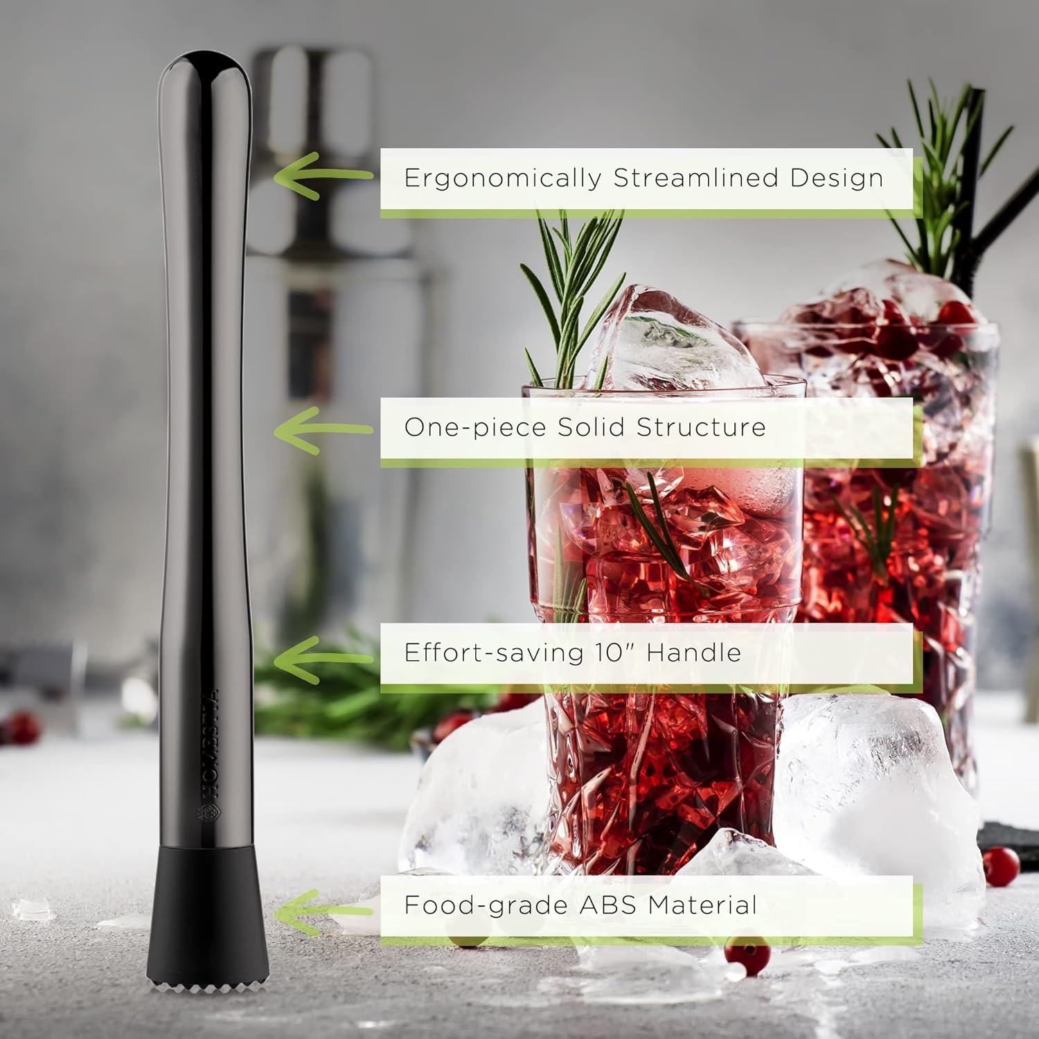Homestia Drink Muddler for Cocktails - 10 Inch Professional Stainless Steel Muddler - Durable Cocktail Muddler Drink Smasher & Mojito Muddler - Wine Accessories Valentines Day Gifts (Black) image number 5
