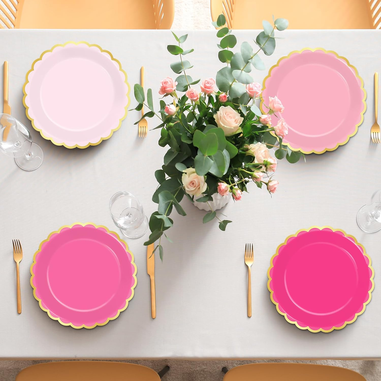 Wiooffen 48Pcs Pink Scalloped Paper Plates 9Inch Pink Gold Foil Border Plates Disposable Gradient Pink Tableware Set Hot Pink Dinner Dessert Plates for Wedding Bridal Baby Shower Birthday Supplies image number 6