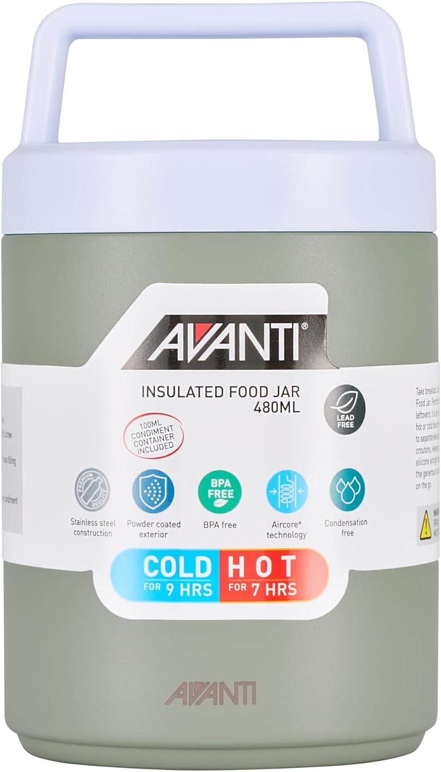 Avanti Insulated Food Jar with Nested Condiments Container and Leakproof Screw Top Lid with Carry Handle, 480Ml, Agave image number 7