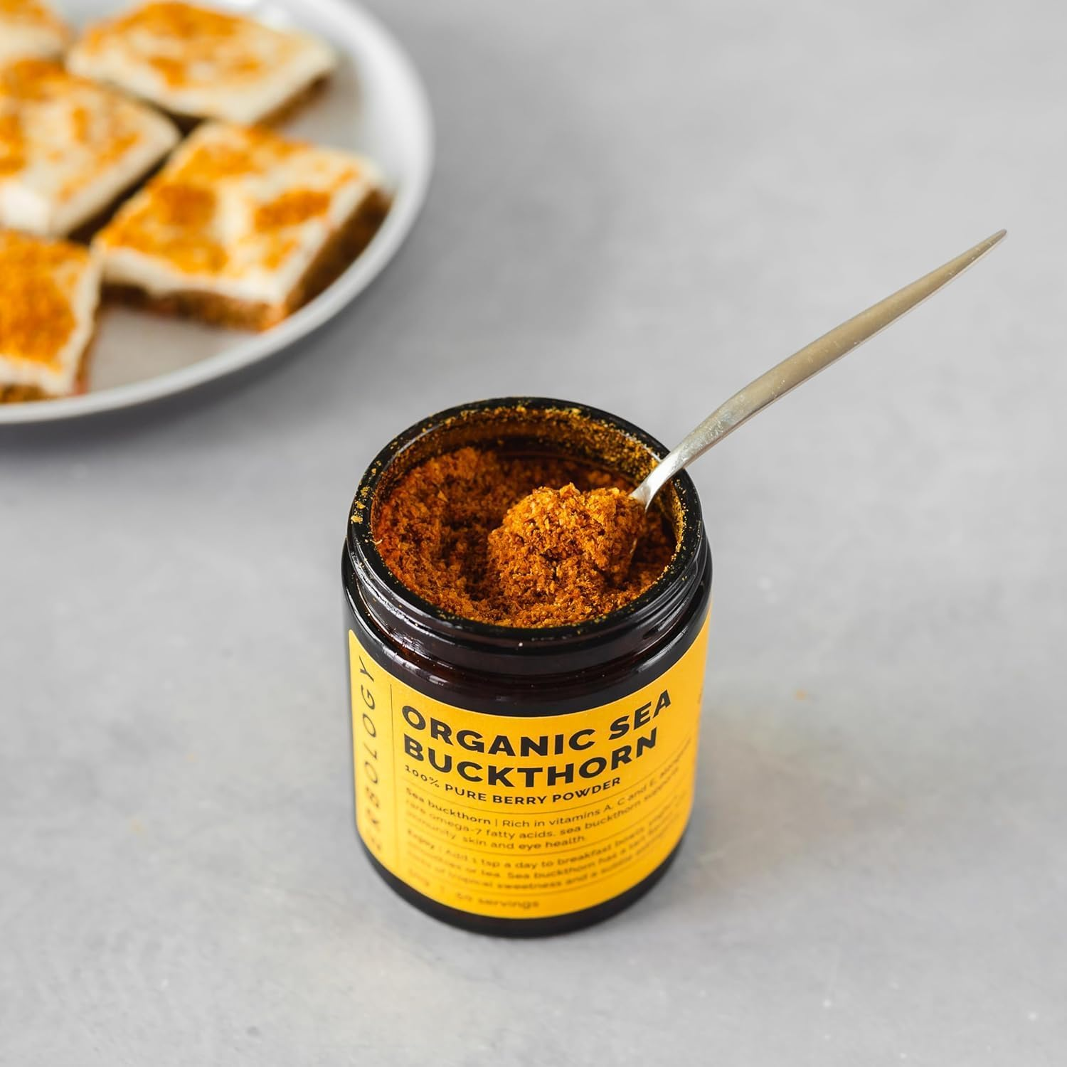 Erbology Organic Sea Buckthorn Powder 50G - 50 Servings - Skin Health and Immunity Support - Rich in Omega-7 (6.5%), Vitamin C and Beta-Carotene - Seeds Removed, More Concentrated - Vegan