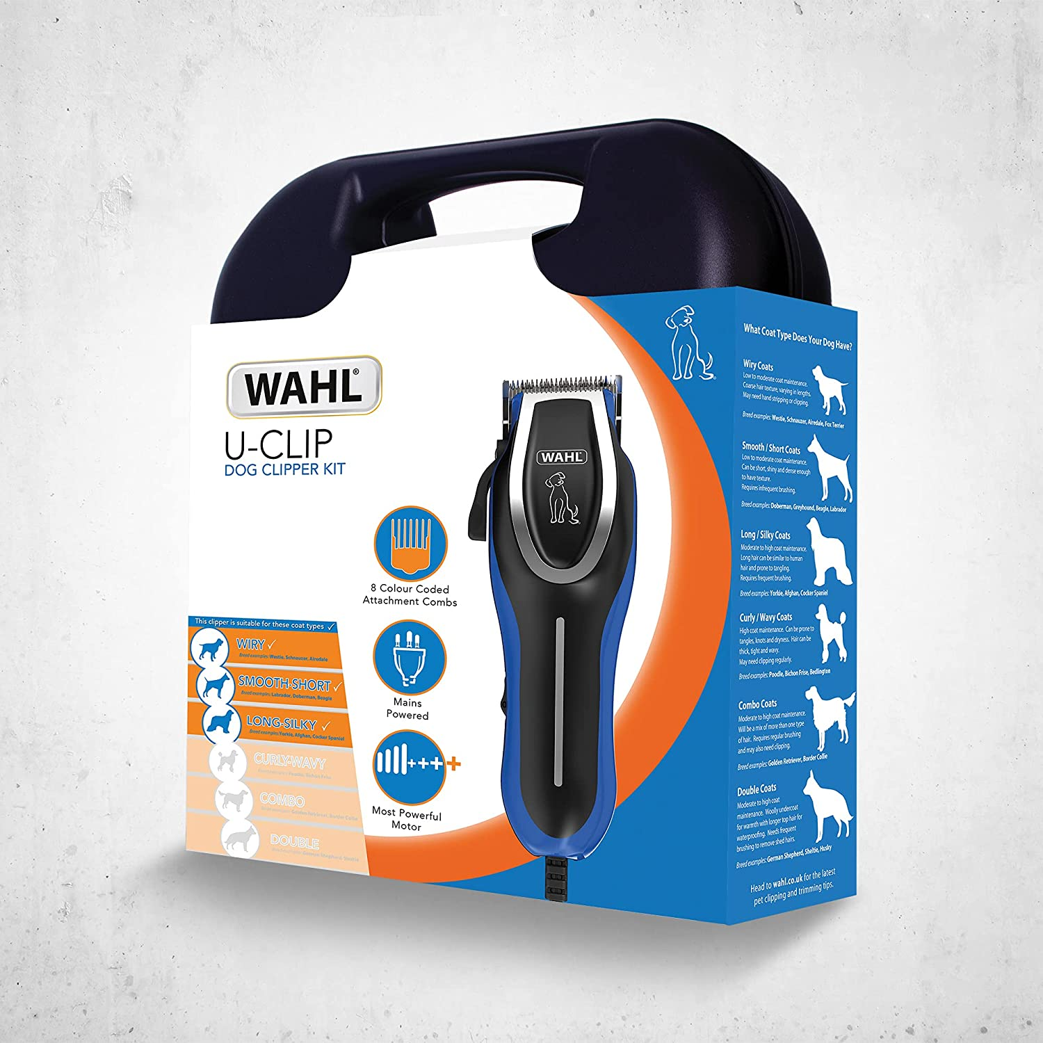 Wahl Dog Clippers, U-Clip Dog Grooming Kit with Colour Coded Combs, Full Coat Dog Grooming Clippers, Low Noise Corded Pet Clippers