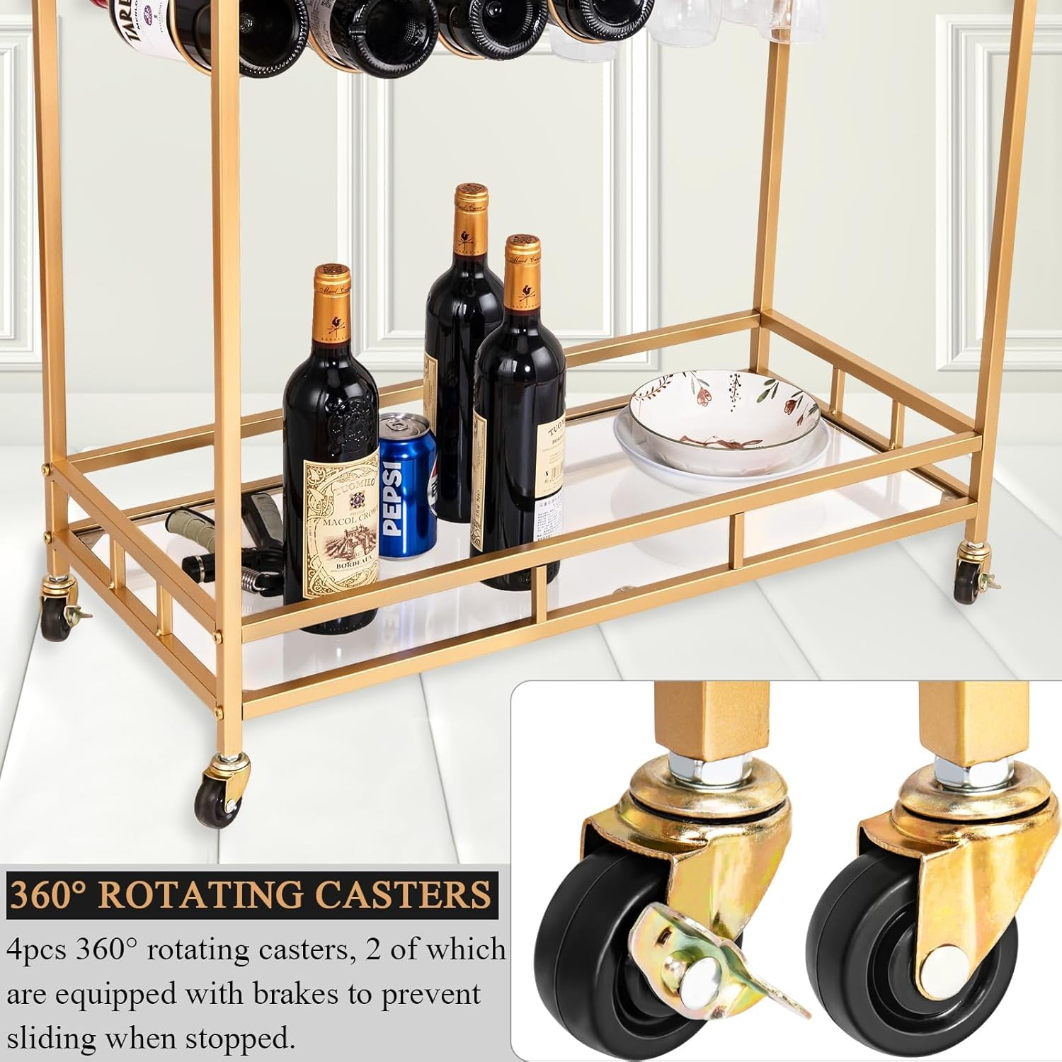 Bar Cart, Serving Cart for Home, Microwave Stand, Drink Trolley, Mobile Kitchen Shelf with Wine Rack and Glass Holder, Rolling Beverage Station for Kitchen, Dining Room, and Parties image number 4