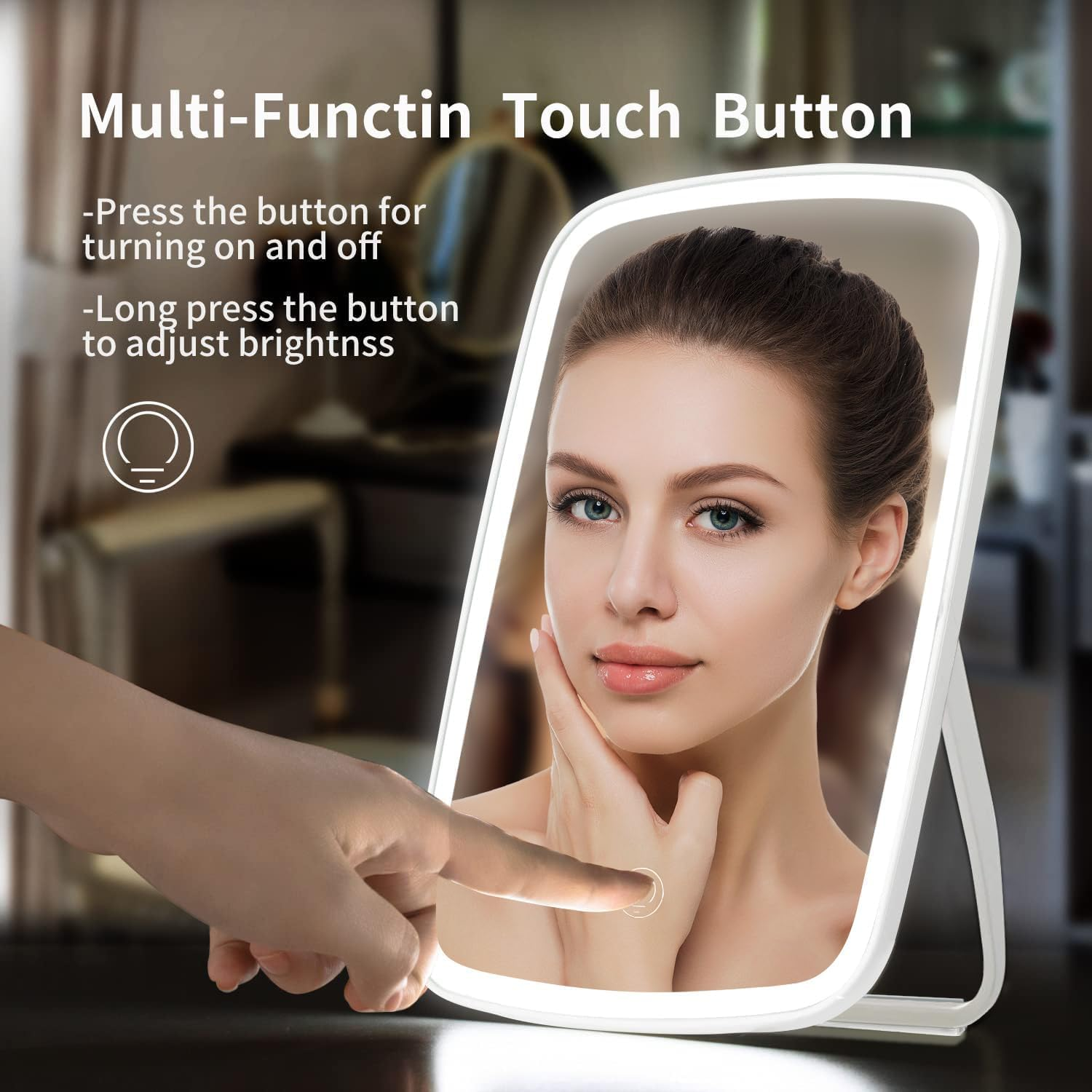 Lighted Makeup Mirror, [Silicone anti Slip] Touch Control Vanity Mirror with 3 Lights, Portable Travel Makeup Mirror, 2400 Mah Brightness Adjustable Cosmetic Light up Mirror, LED Mirror for Desk Dorm image number 5