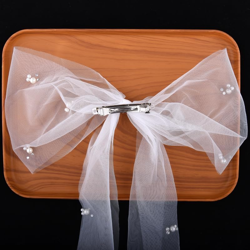 White Bow Wedding Veil for Bride - Short Tulle Veil with Pearl Hair Clip - Bridal Hair Accessories for Shower Party and Bachelorette image number 3