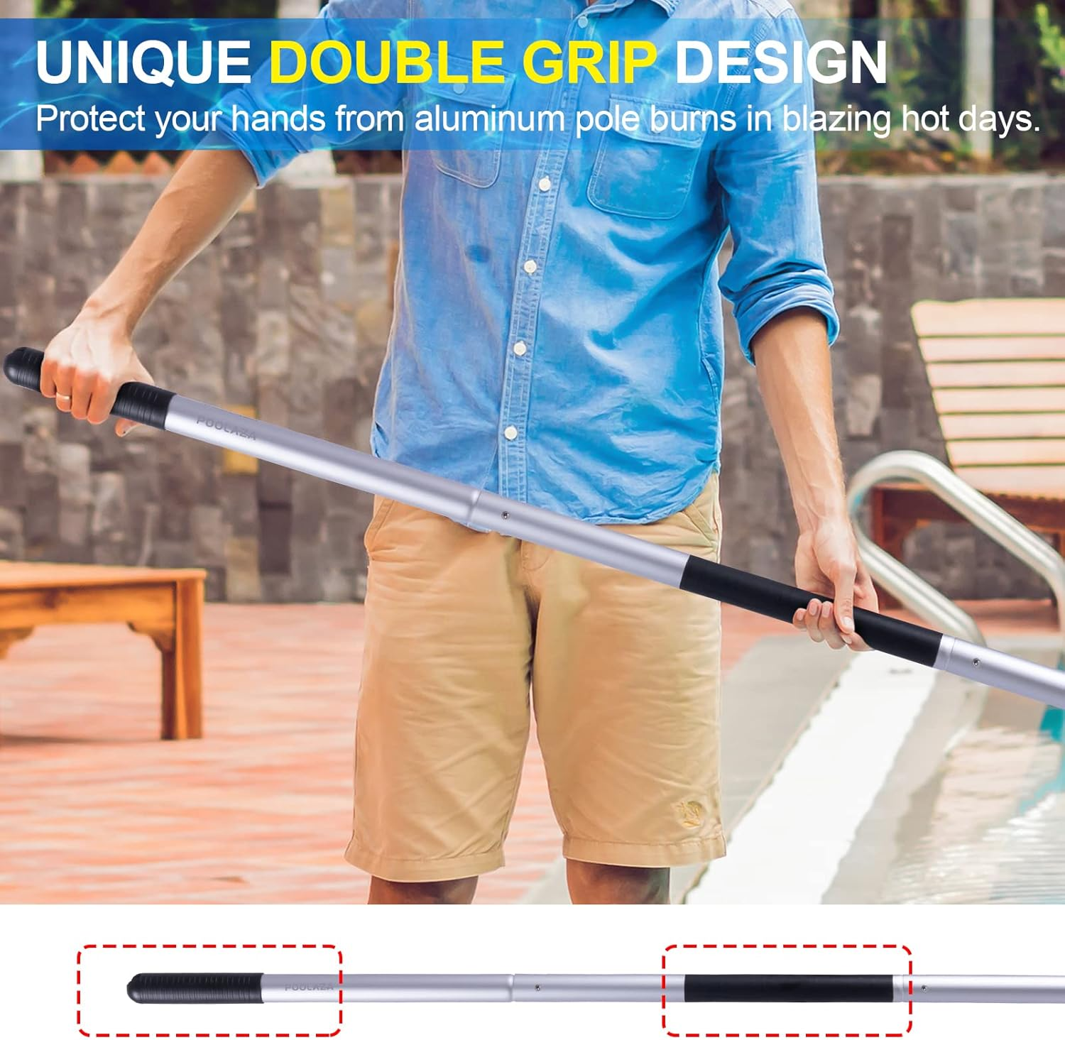 POOLAZA Pool Pole Dual-Handle, Anodized Aluminum Pool Skimmer Pole, Detachable & Telescopic Pool Pole up to 10.5 Ft, Portble Pool Poles for Cleaning Suitable for Pool Skimmer, Vacuum Head, Brush Etc. image number 5