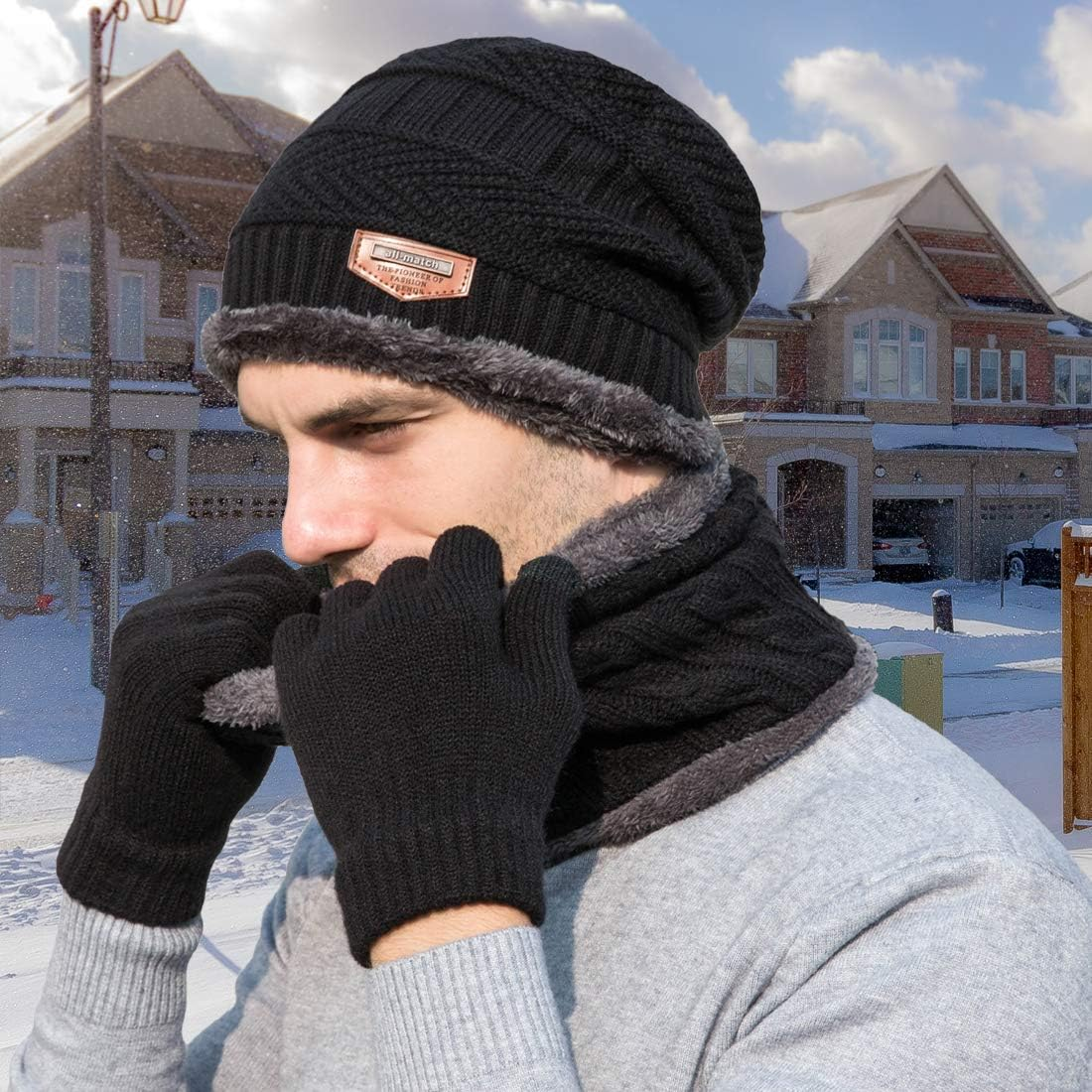 T WILKER Beanie Hat Scarf and Touchscreen Gloves Set for Men & Women Stretch Warm Fleece Lining Cap(2Pcs / 3Pcs) image number 6
