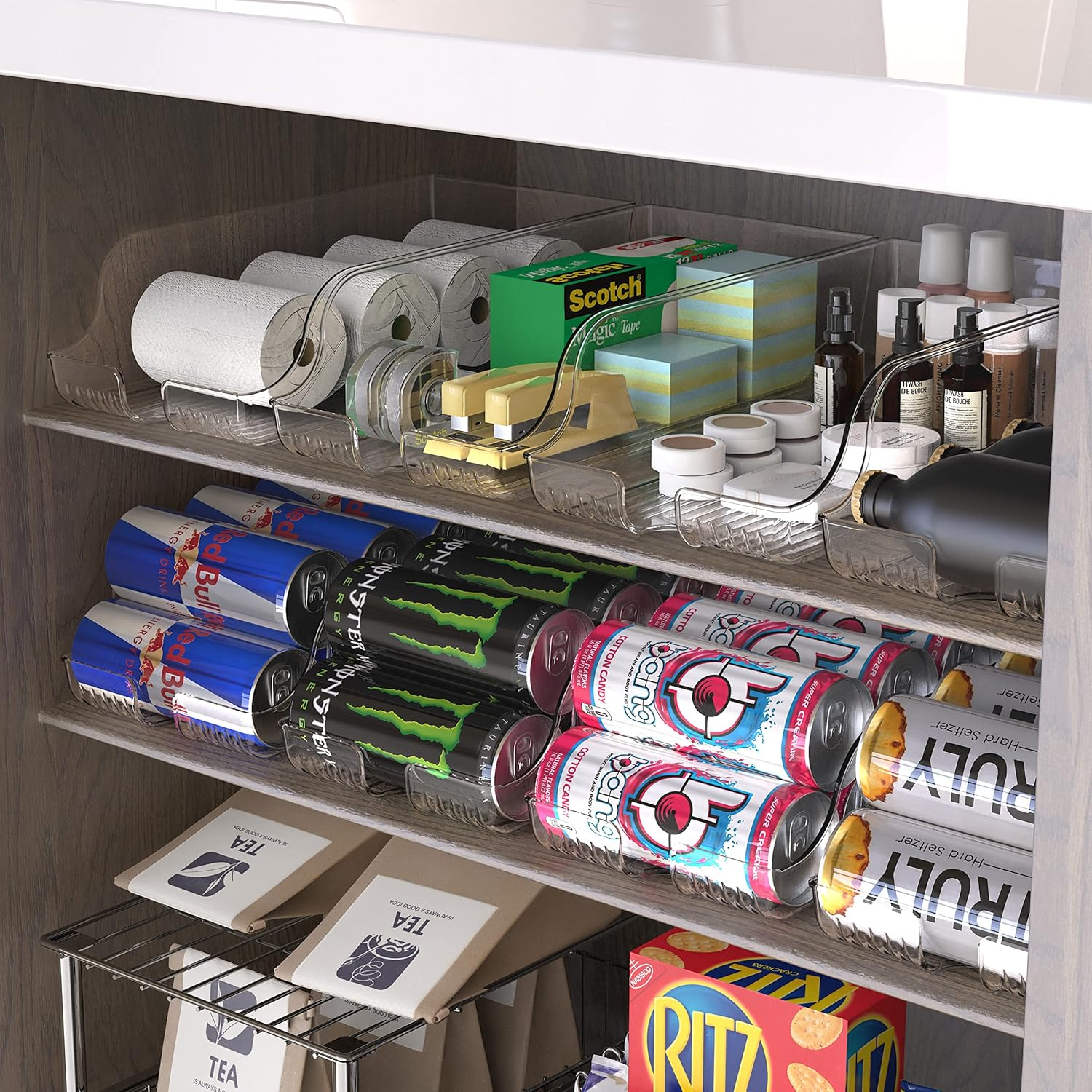 Simple Houseware Tall Skinny Can Organiser Dispenser Compatible with 500Ml / 16Oz Energy Drink for Refrigerator or Pantry, Clear, Set of 2 image number 4