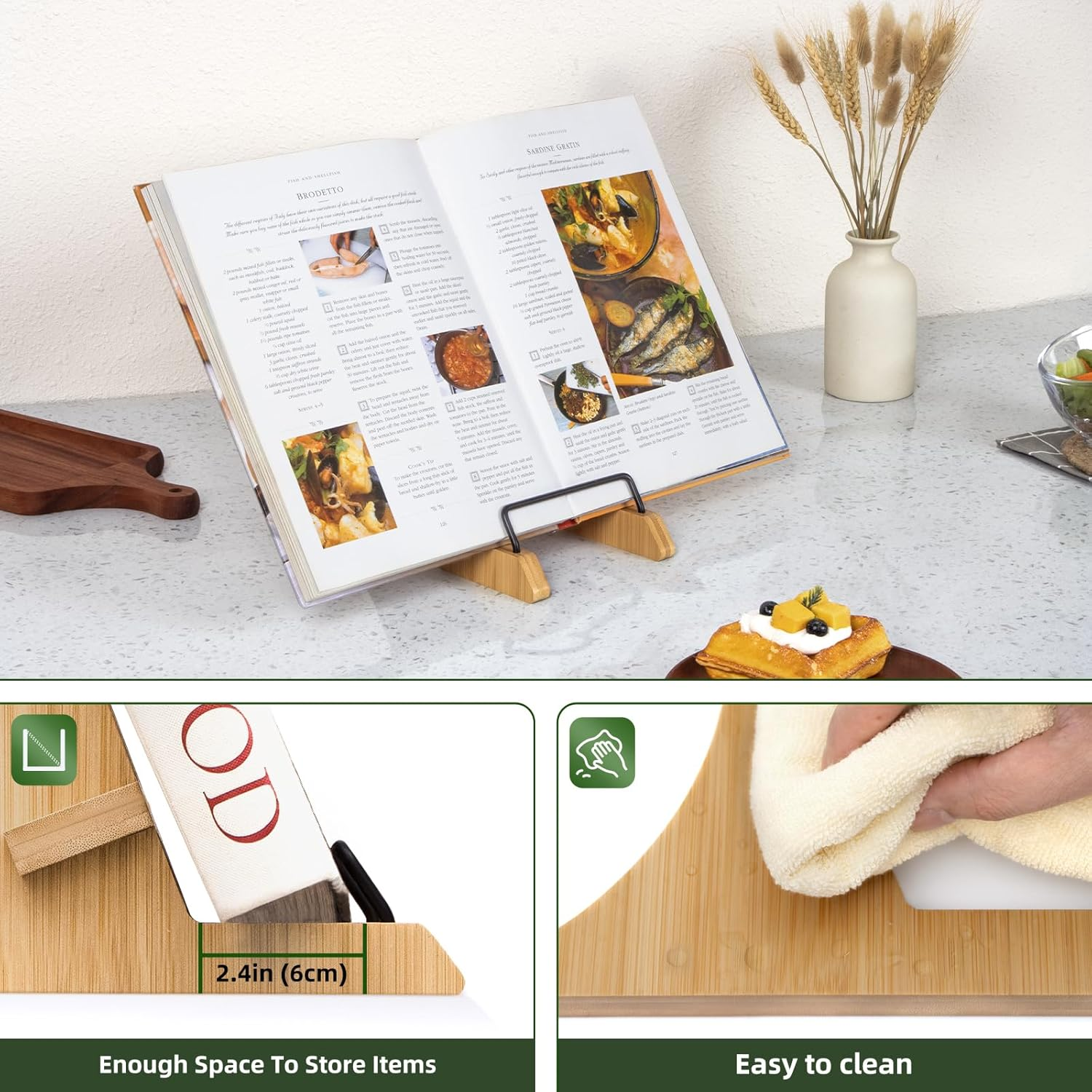 PUERSI Cookbook Stand for Kitchen Counter, Bamboo Cookbook Holder, Wooden Cook Book Stand for Kitchen, Recipe Book Holder - New Patented Design image number 4