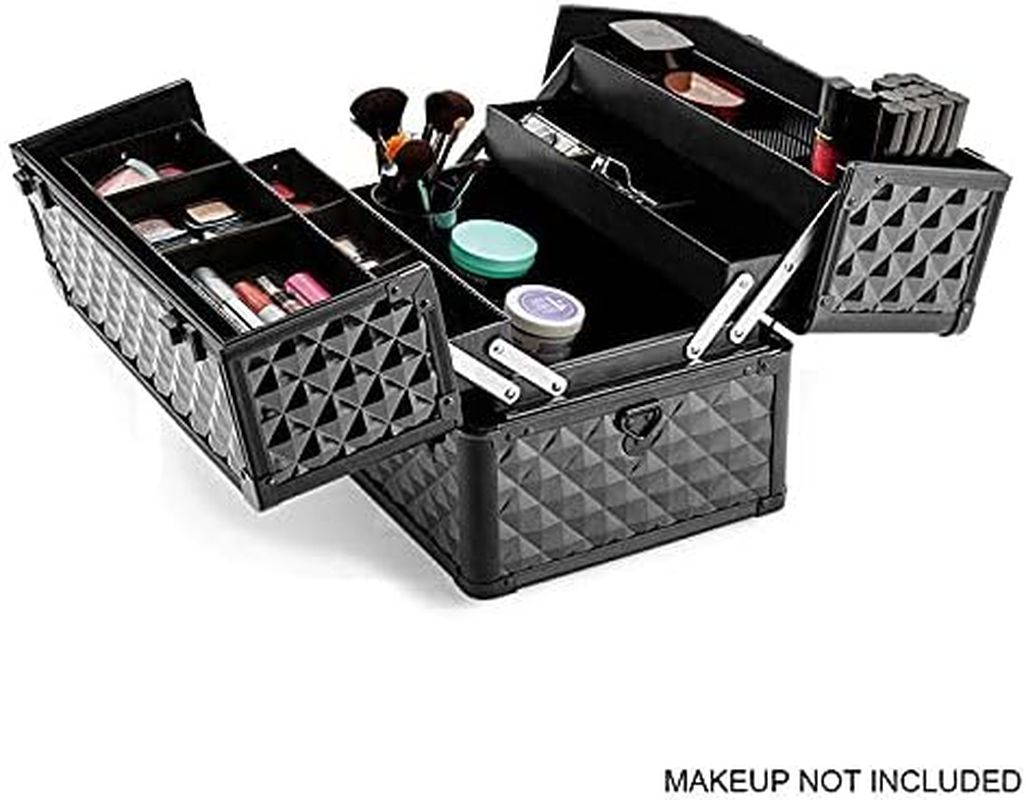 Costcom Portable Beauty Makeup Cosmetic Case Organiser Carry Bag Box Diamond W/Strap Cosmetic Storage Box with Sliding Trays, Safety Lock & Velvet Lining (Diamond Black) image number 1