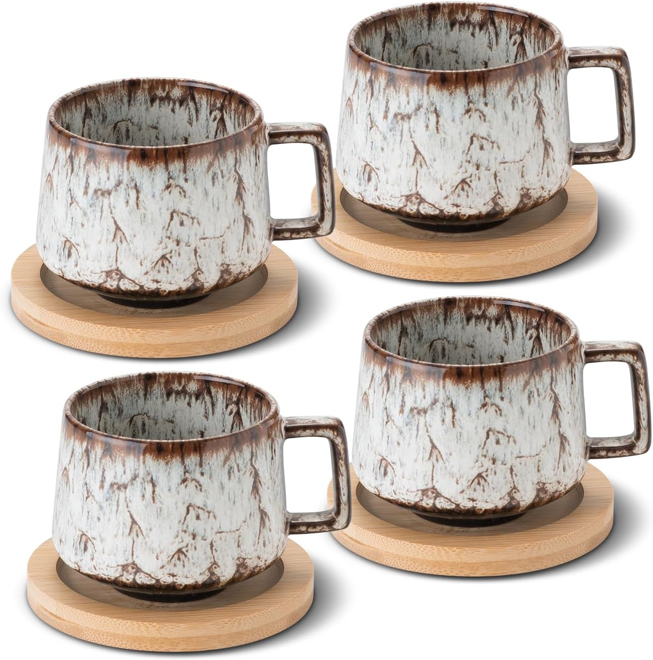 Set of 4 Espresso Cups, 190 Ml Cappuccino Cups with Wooden Saucers, Coffee Cups with Saucers, Stoneware Cups for Coffee, Americano, Latte, Cafe, Mocha and Tea (Beige + Cyan + Dark Blue + Dark Green)