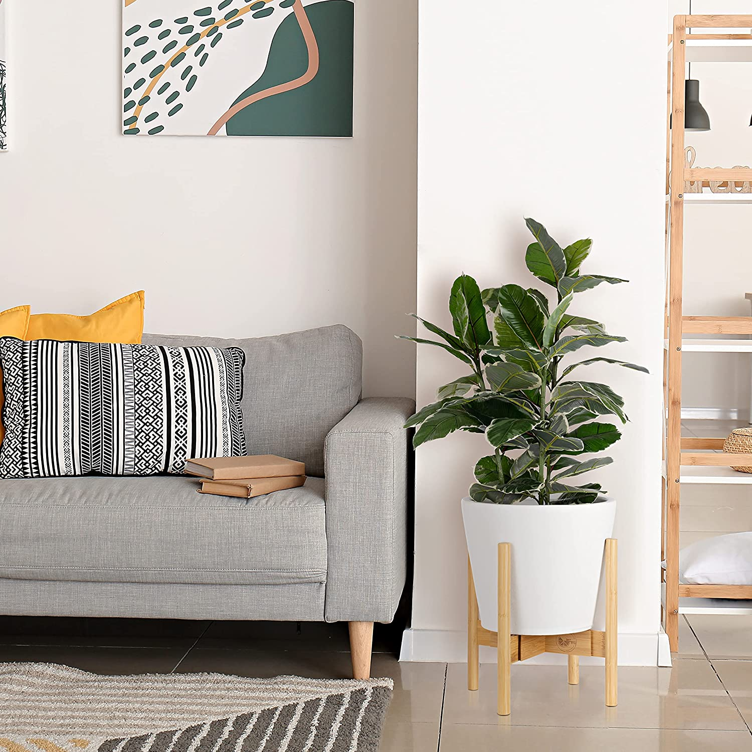 Five Lime, Bamboo Plant Stand, Adjustable Height and Width, Fits 20-30Cm Pots, Mid Century Modern Indoor Planter Stand for Any Home D&eacute;cor, Suitable for Indoors, Homes, Apartments, Offices (Black Stand) (Natural) image number 4