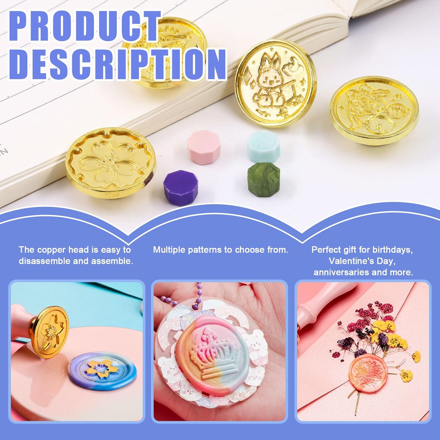 Glarks 24Pcs Wax Sealing Stamp Set, Assorted Removable Sealing Wax Stamp Heads for Wedding Invitations, Cards Envelopes, Snail Mails, Wine Packages, Wrapping image number 4