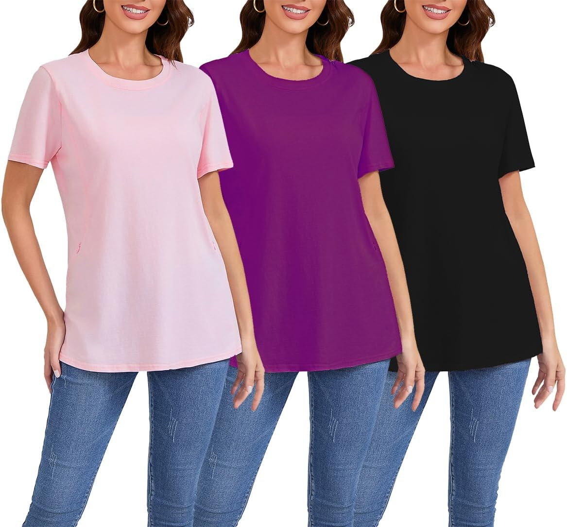 Women Maternity Tops 3 Packs Comfort Breastfeeding Nursing Friendly Zip Tshirt Pregnancy Clothes