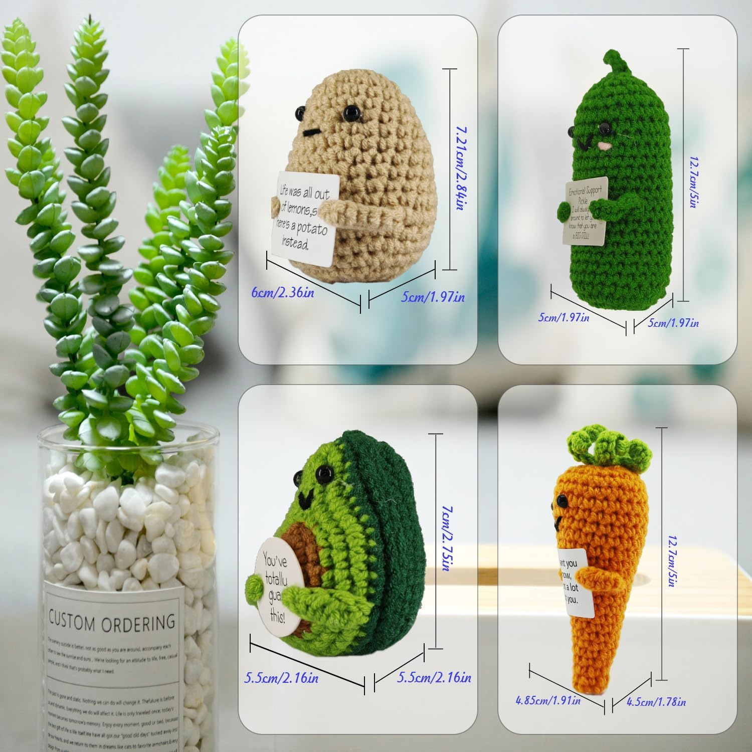 SZMDLX Positive Crochet Potato Cucumber Avocado Carrot, 4PCS Emotional Inspirational Support Cute Stuff, Home Desk Decoration, Funny Handmade Crochet with Positive Card, Encouragement Friends image number 1