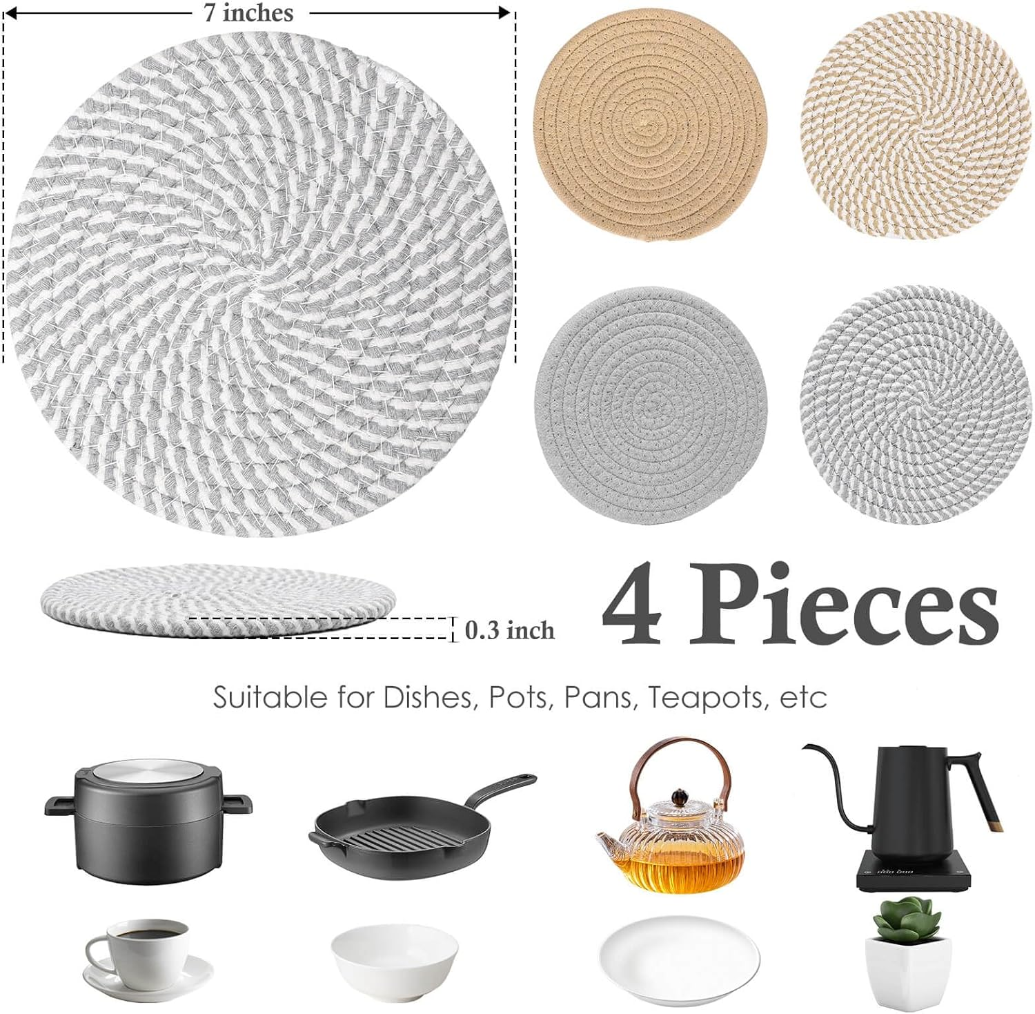 Billbotk 7" Trivets for Dishes, Pots and Pans, 4 Heat Resistant Hot Pads, Pot Holders for Kitchen, Plate Mats for Kitchen Decor (Gray & Brown) image number 1