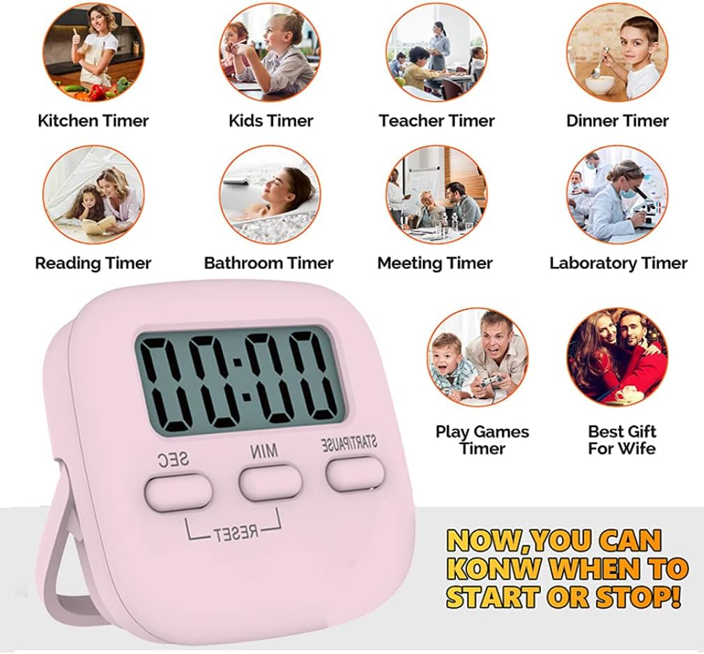 Digital Kitchen Timer/Pink Timer for Kids with Bracket and Hanging Hole,Hd Sound Quality Magnetic Stopwatch Timer for Cooking,Study,Exercise and Baking(Rectangle) image number 3