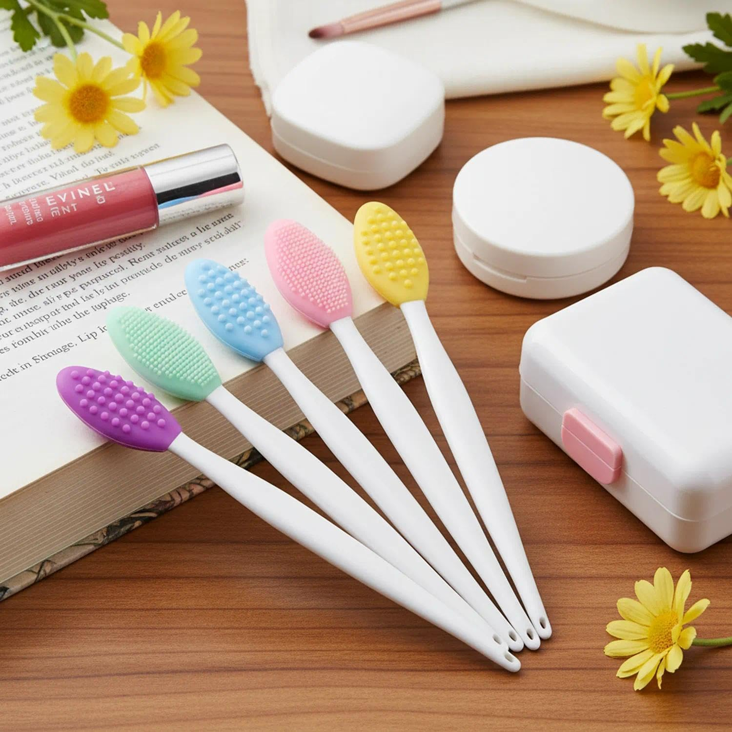 Double-Sided Silicone Lip Scrub Brush, 5 Pcs Lip Brush & Pore Brush for Gentle Exfoliation and All Skin Types &ndash; Pink, Green, Yellow,Blue,And Purple -Fengea