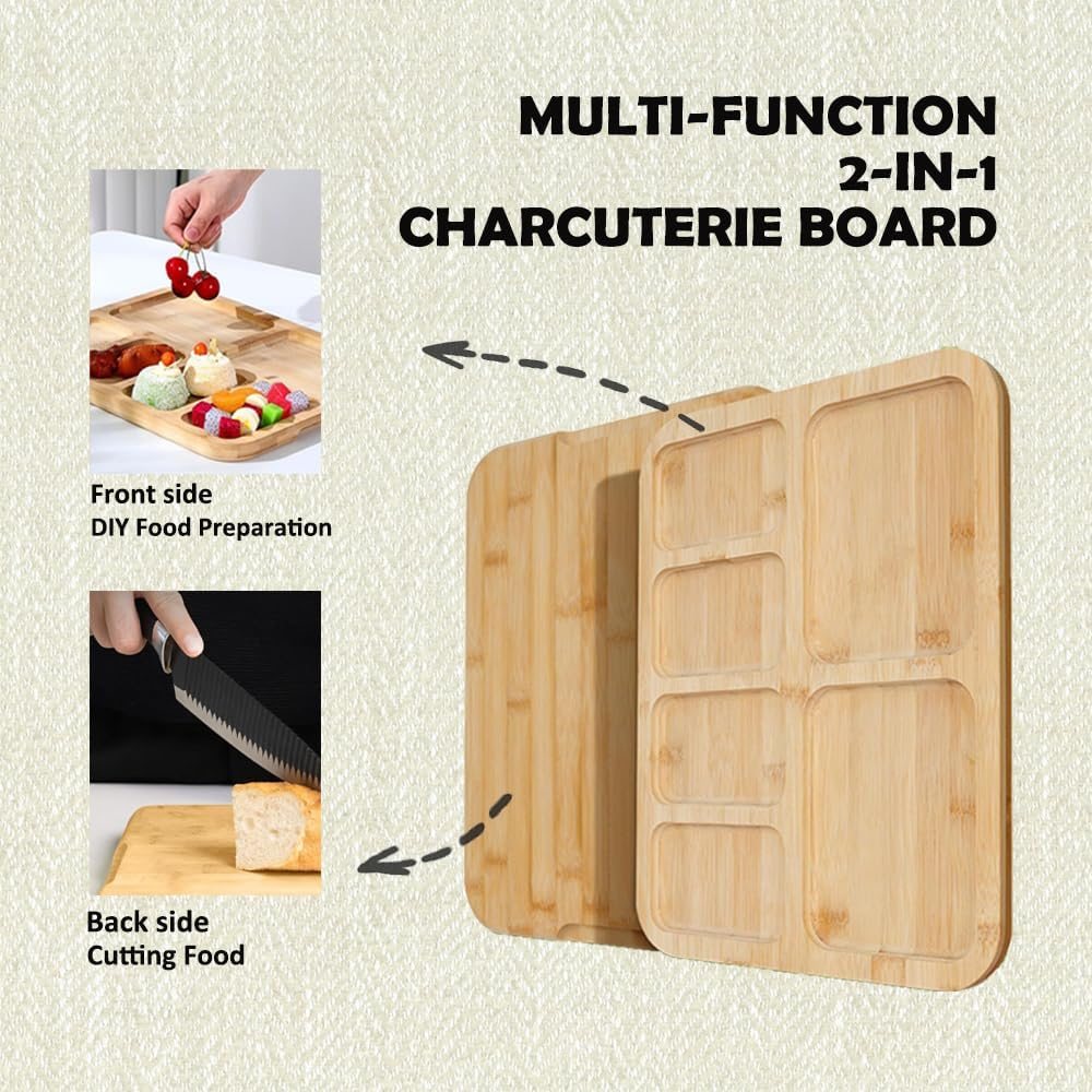 Premium Charcuterie Board Cheese Bamboo Board with Locking Lid Travel Cheese Board with Handle Snack Tray for Picnic Party Camping House Warming Gifts
