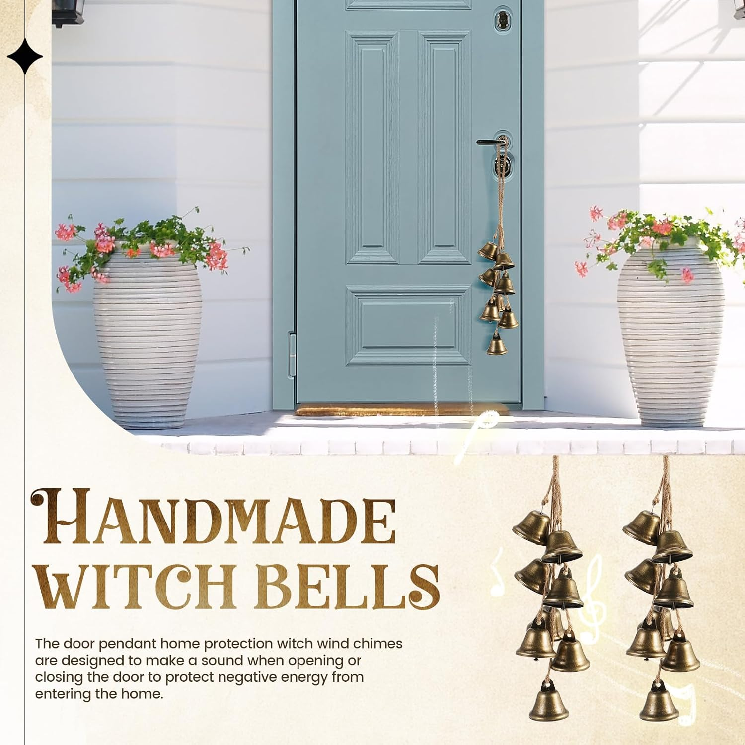 2 Pack Witch Bells Protection for Door Knob - Outdoor Hanging Wind Chimes, Clear Negative Energy, Witchy Things, Wiccan Bell Gifts (Classic) image number 1