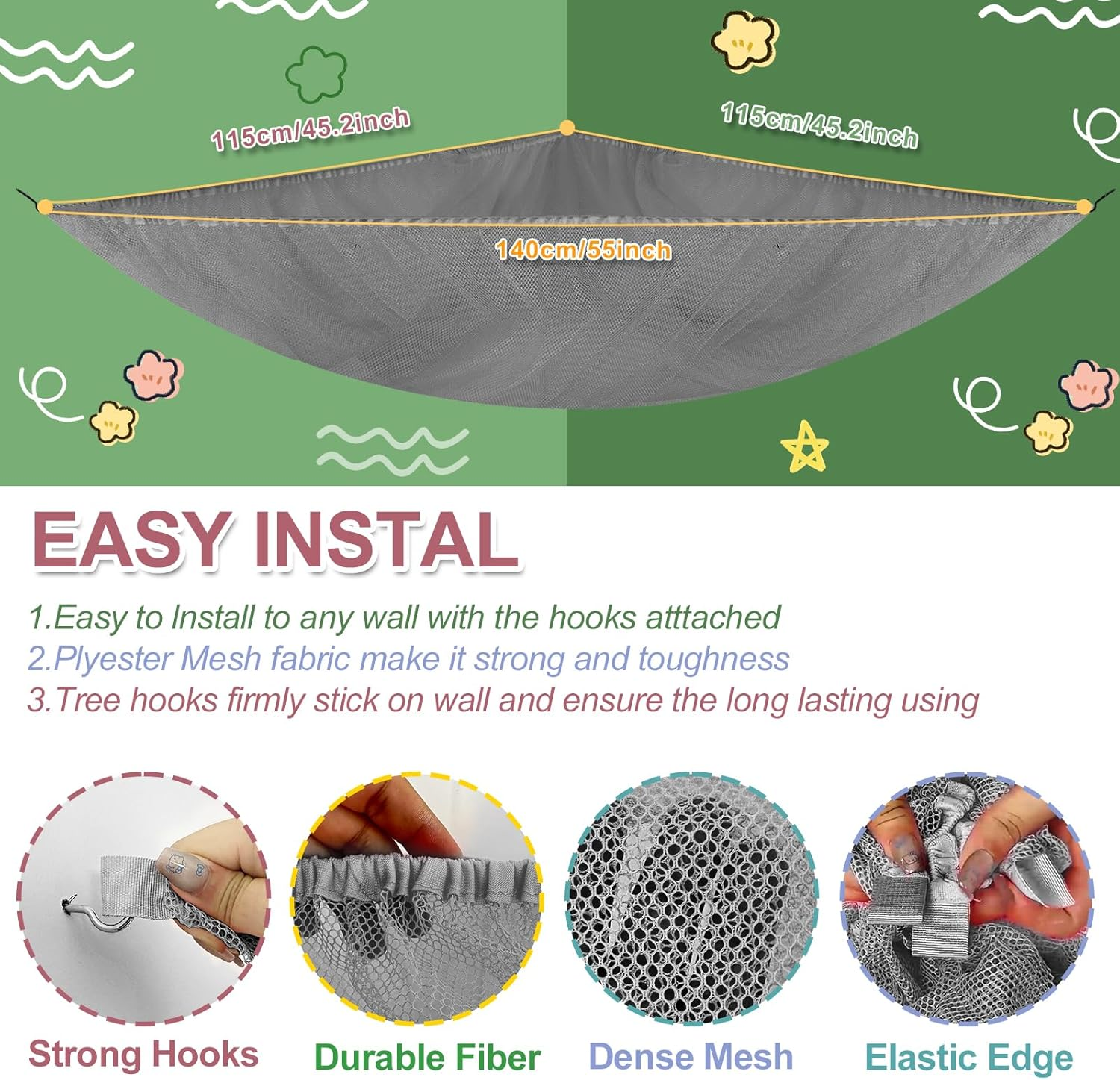 VERONLY 2 Pack Stuffed Animal Toy Storage Net Hammock Corner, Large Kids Toy Holder Hanging Organiser Net for Teddy Bear, Doll, Kids Bedroom, Playroom, Nursery Room (Grey) - Pink image number 6