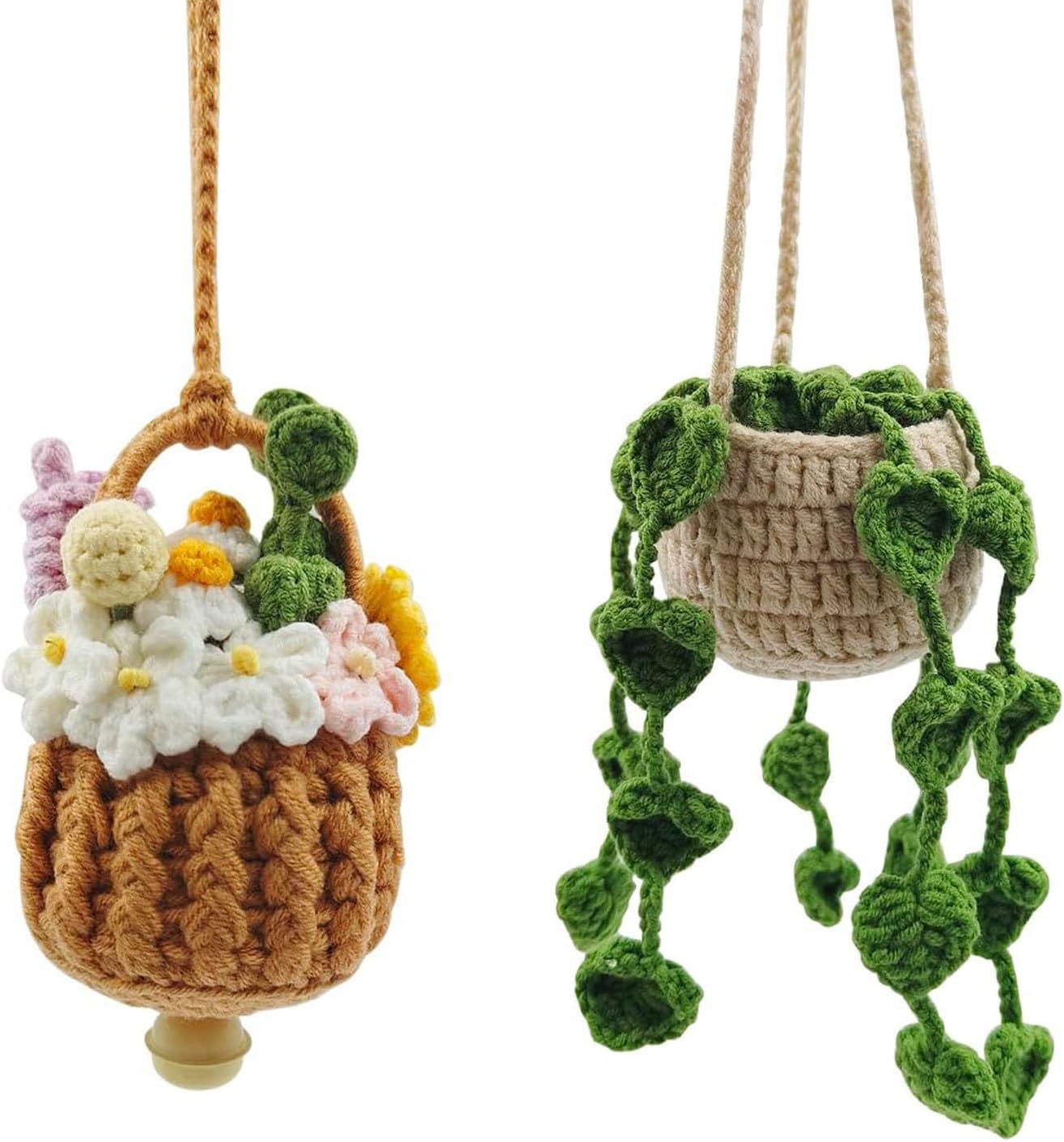 Crochet Hanging Plant for Car, 2 Pcs Car Decoration Hand Knitted Car Pendant for Women Cute Car Plant Accessories Knitted Plant Car Mirror Hanger Boho Car Plant Crochet Hanging Basket image number 1