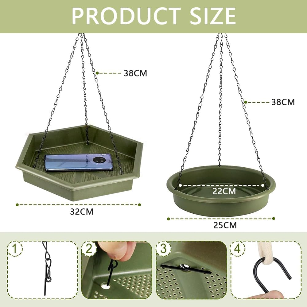 2-In-1 Hanging Bird Feeder & Bath | 12" Squirrel-Proof Tray with Drain Holes | Weatherproof PP for Outdoor Garden Decor,Hanging Bird Bath、Bird Feeder Tray image number 4