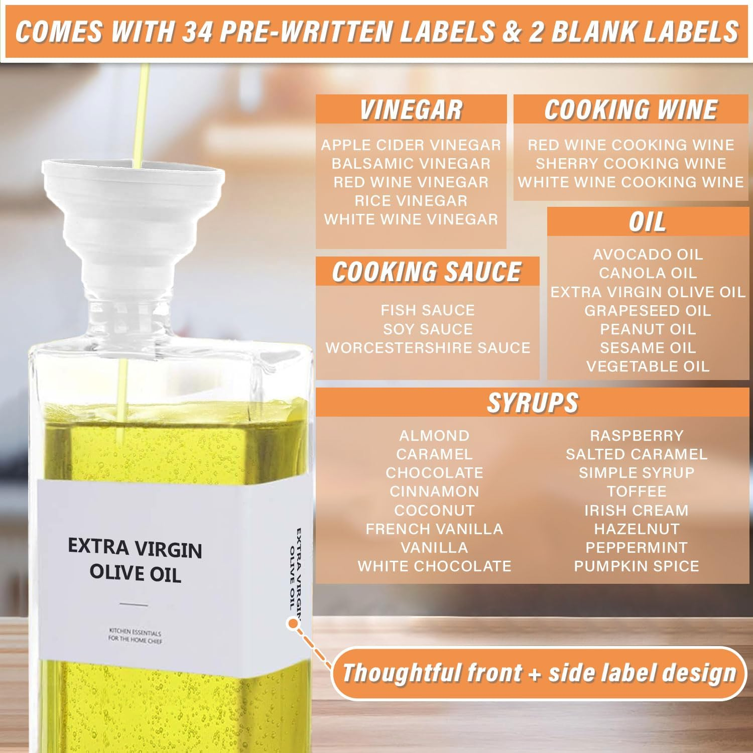 4 Pcs Olive Oil Dispenser, 500Ml/16.9 Oz Oil Bottle, Sauce Bottle, Coffee Syrup Dispenser, Includes 1 Silicone Funnel, 36 Labels, 1 Cleaning Brush (Gold) image number 1