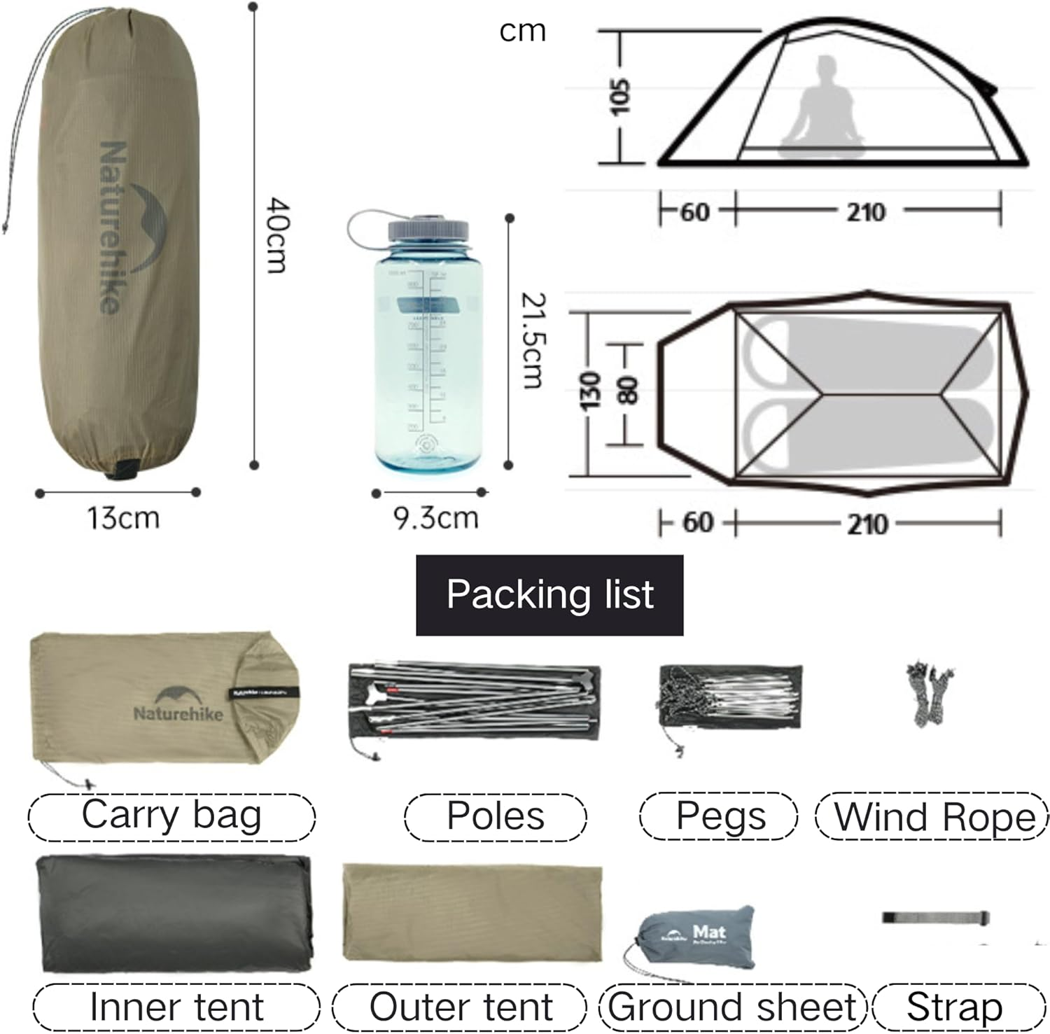 Naturehike 2024 Cloud up Pro Tent, Upgrade Ultralight Tents,1.23Kg/2.7Lbs,Double 1 Person Tent,For Cycle Camping,Backpacking,Hiking,Self-Standing, Construction,Easy Set Up - Grey-Single image number 2