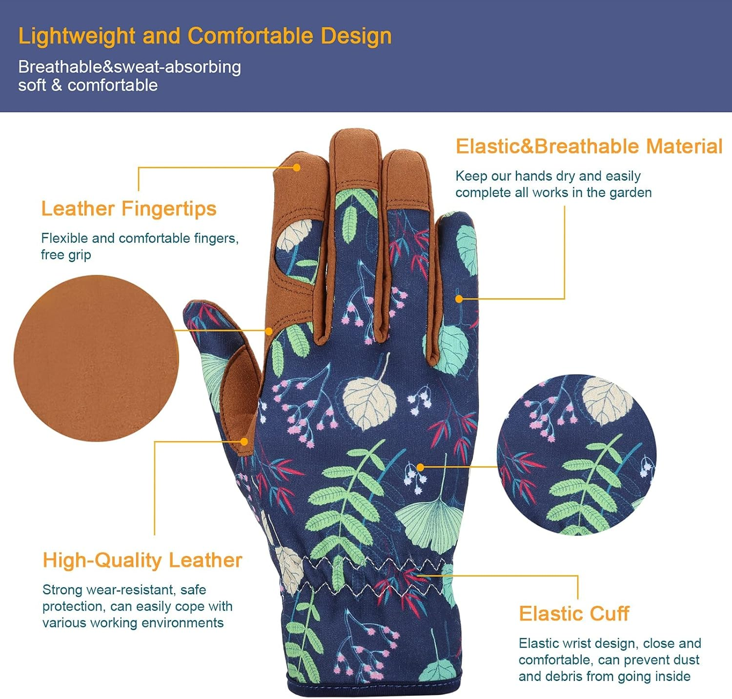 Floral Garden Gloves with Leather Fingertips, Navy Blue Pattern, Breathable Elastic Design image number 5