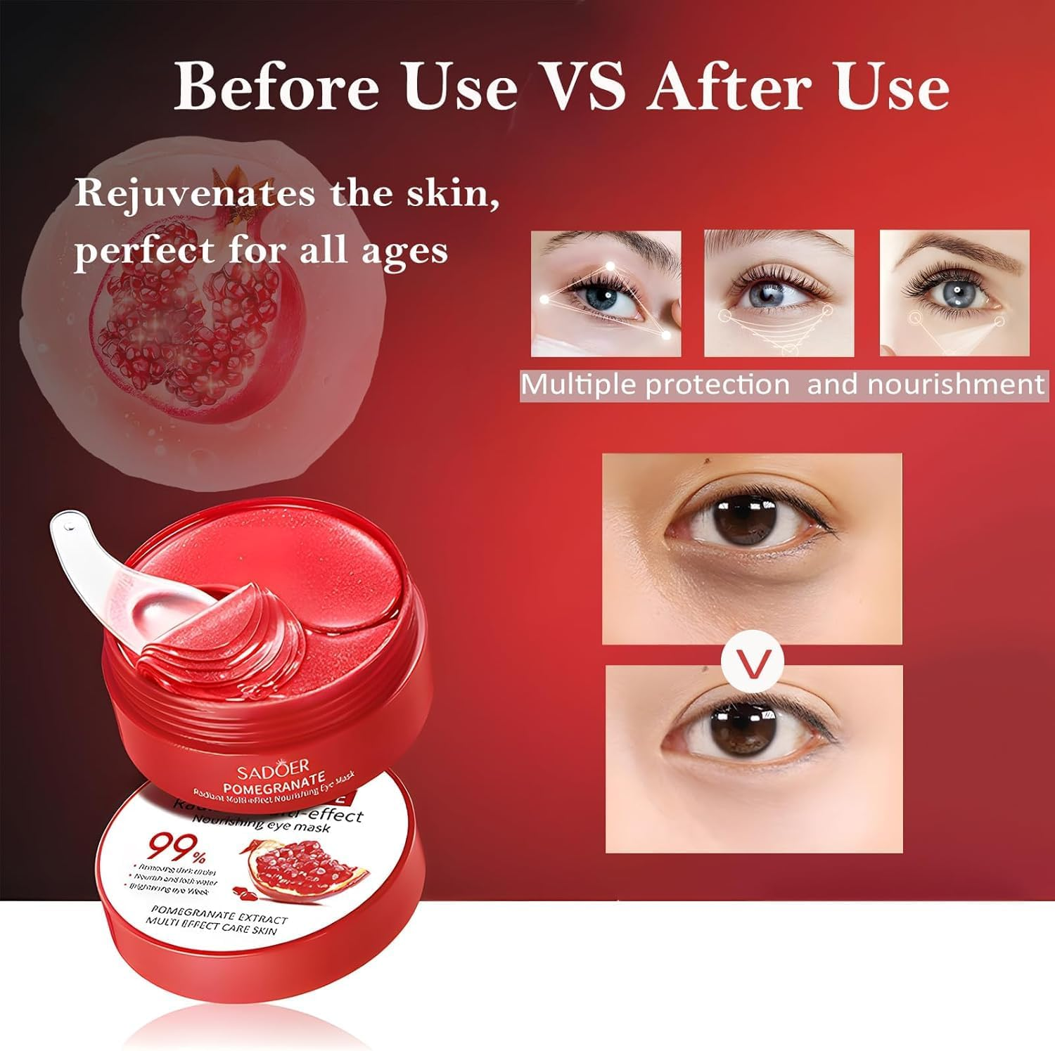 Under Eye Mask, Collagen under Eye Patches for Puffiness Eye Care, Hyaluronic Acid Deep Moisturizing Pomegranate Eyes Gel Pads for Reducing Dark Circles Wrinkles, Smooth Repair the Eyes Skin Treatment image number 6