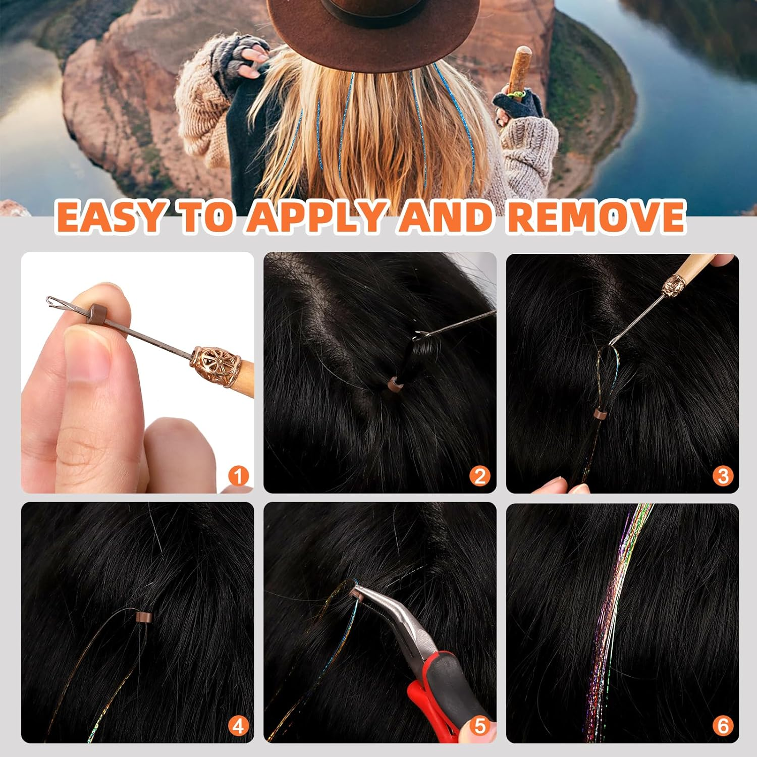 Tanstic 214Pcs Hair Tinsel Kit, 12 Colors 2400 Strands Tinsel Hair Extensions Glitter Hair Extension Sparkling Hair Tinsel Heat Resistant with Tools for Christmas, New Year, Party(47 Inches) image number 1