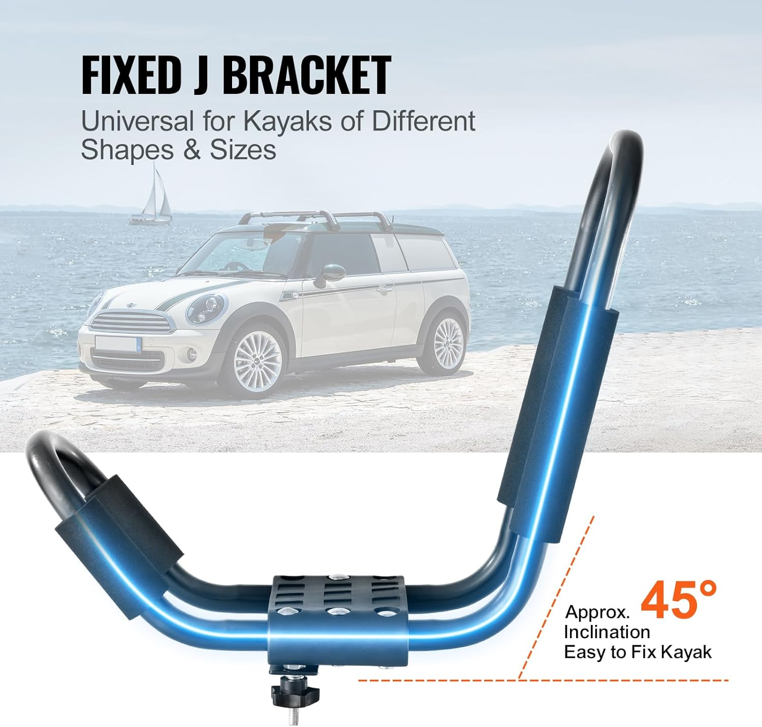 VEVOR Kayak Roof Rack 1 Pair J-Bar, Soft Roof Rack, Top Mount Tie Down, Carrier for Kayak, Surf Board, Canoe, SUP, Ski Board, Mount on Car, SUV, Truck, 1 Kayak image number 2