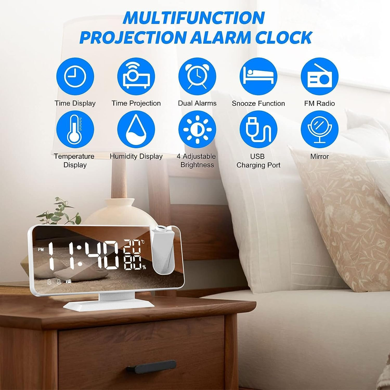 Projection Digital Alarm Clock for Bedroom, Beedove FM Radio Alarm Clock, Dual Alarm Clock with 3 Dimmer,Snooze,Timer,180&deg;Rotatable Ceiling Projection Alarm Clock for Home Decor, Desk, Office, White - White image number 4
