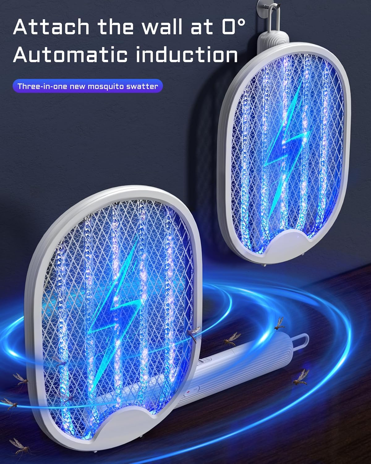 Mosquito Zapper Electric Fly Swatter - 180&deg; Foldable Bug Zapper, Rechargeable Electric Fly Swatter Racket with 3 Layers Safety Mesh, 3000V Electric Fly Trap for Indoor and Outdoor image number 1