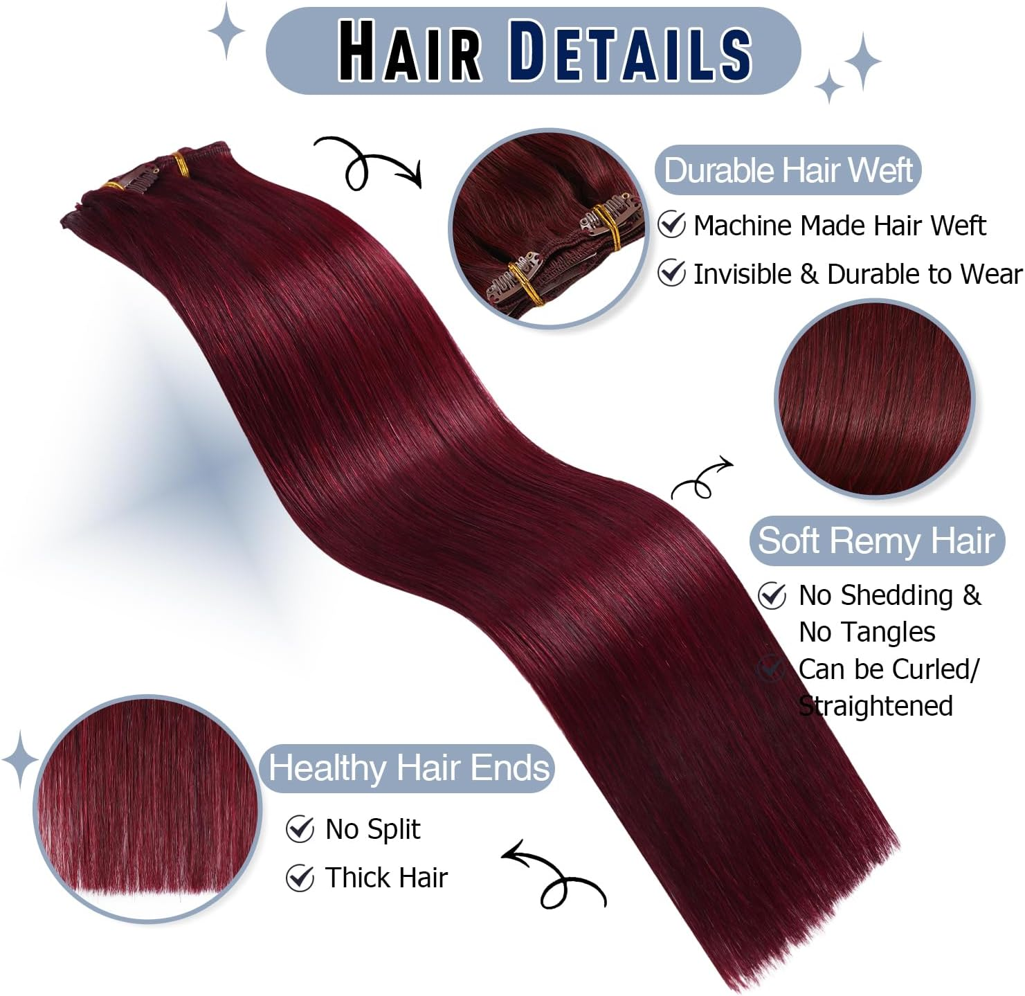 Sunya Clip-In Real Hair Extensions, Burgundy Real Human Hair Extensions, Invisible, 45 Cm, Semaless Clips, 7 Pieces, 80 G/Pack, #99J image number 2