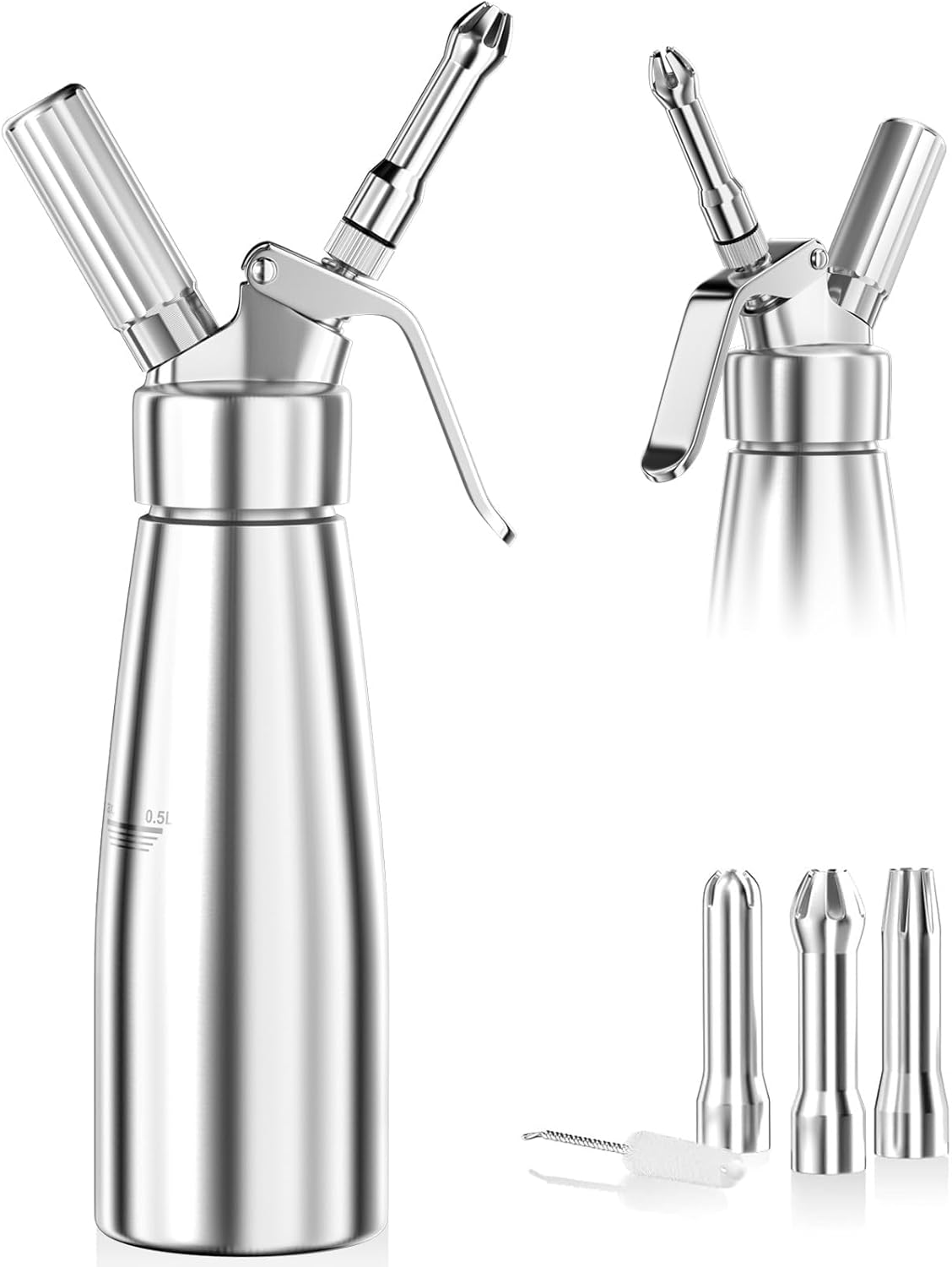 500Ml Cream Dispenser, Cream Syphon Aluminium with 3 Stainless Steel Decorative Nozzles and 1 Cleaning Brush, Leak-Proof Cream Siphon for Preparing Whipped Cream, Cream, Mousse and Desserts image number 2