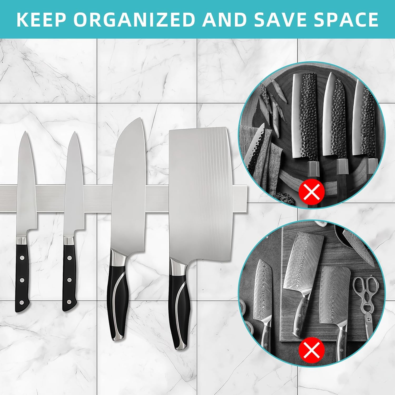 Magnetic Knife Holder - 304 Stainless Steel Magnetic Knife Strip, Wall Mount No Drilling, Space-Saving Knife Organizer, Holds Knives Securely, Easy to Clean (30CM) image number 4