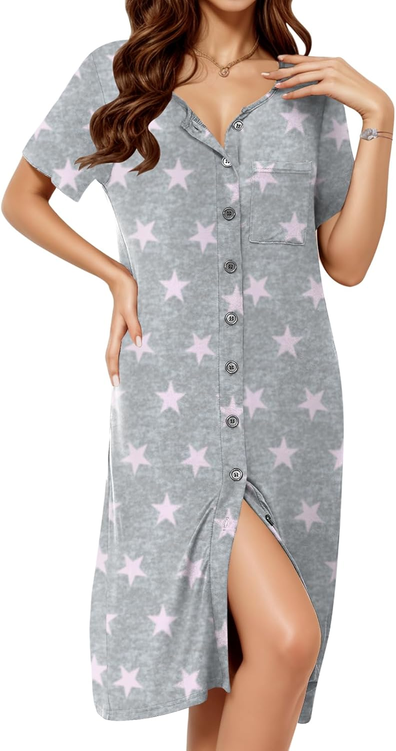 DB MOON Womens Nightgowns Button up Pajamas Short Sleeve Night Gown Sleep Wear Dress