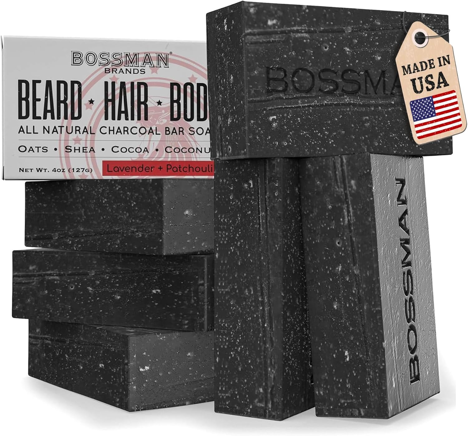 Bossman 6-Pack 4-In-1 Charcoal Soap Bar (4 Oz) &ndash; Bar Soap for Men &ndash; All-Natural Beard Wash, Shampoo, Body Wash & Shaving Solution &ndash; Lavender & Patchouli Scent image number 2