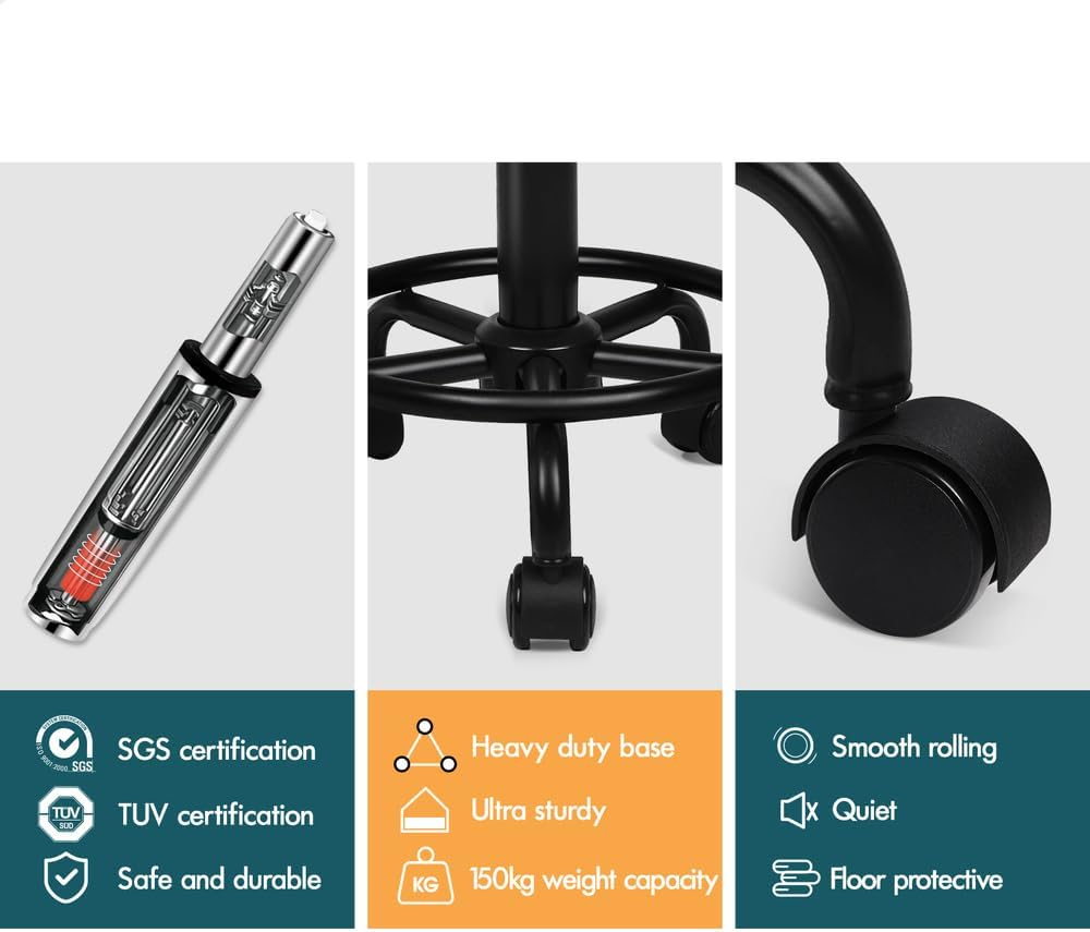 ALFORDSON round Salon Stool PU Leather Upholstery with Backrest, Adjustable Drafting Rolling Stools in 52-67Cm Height, Swivel Spa Chair with Footrest for Hair Barber Massage Table(Riley All Black) - Riley All Black image number 4