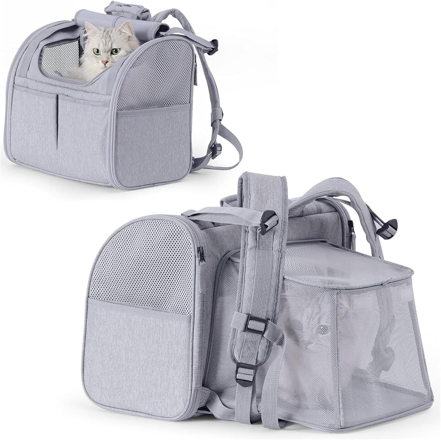 Large Cat Backpack Carrier Expandable Pet Bag for Small Dogs Medium Cats Fit up to 9 KG, Dog Backpack Carrier, Foldable Puppy Backpack for Travel, Hiking (Grey)