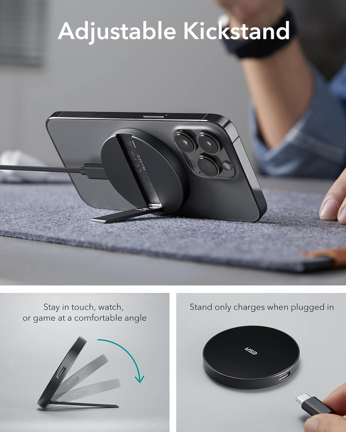 ESR for Magsafe Charger, Wireless Charger Kickstand, Charging Pad for Iphone 16/15/14/13/12 Series Galaxy S25 Series and Airpods Pro, Strong Magnetic Charger Pad with A/C Cable, Black image number 5